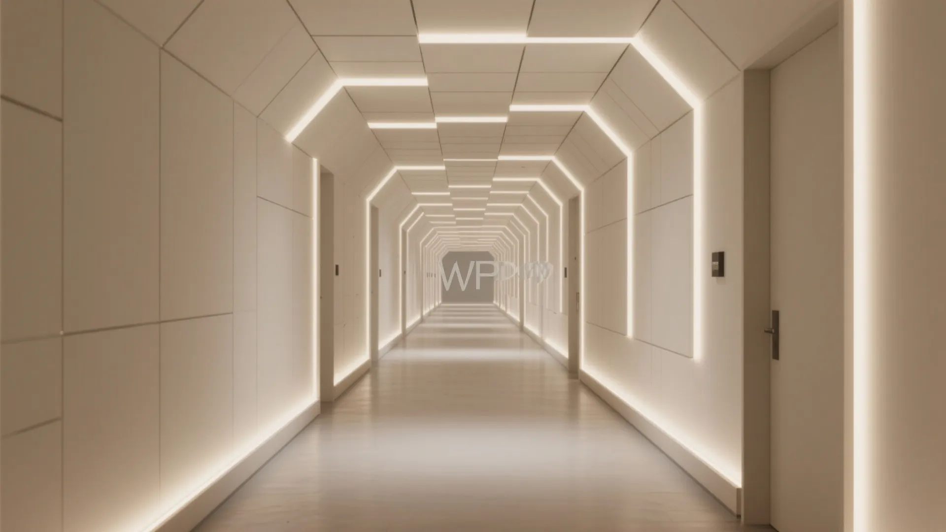 Geometric 3D ceiling panels to animate long halls