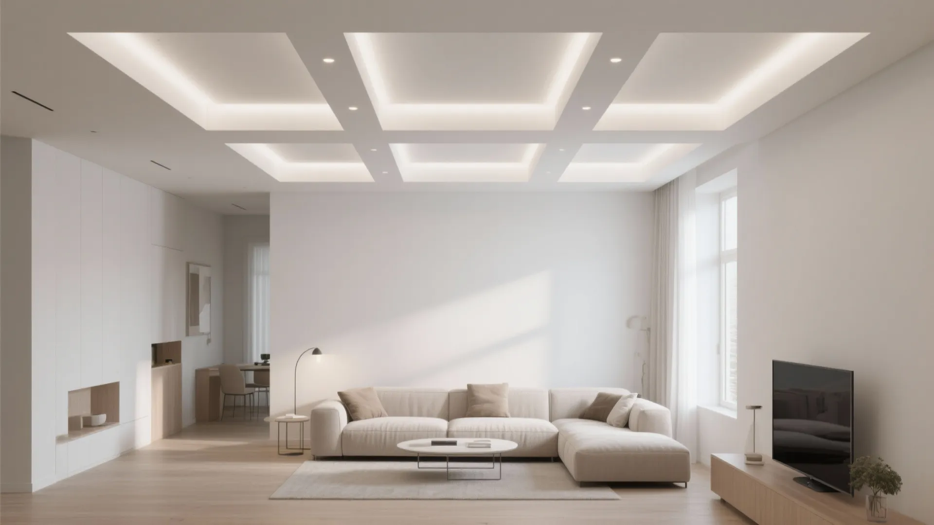 Modern white living room with cream sofa coffee table television and geometric ceiling light design