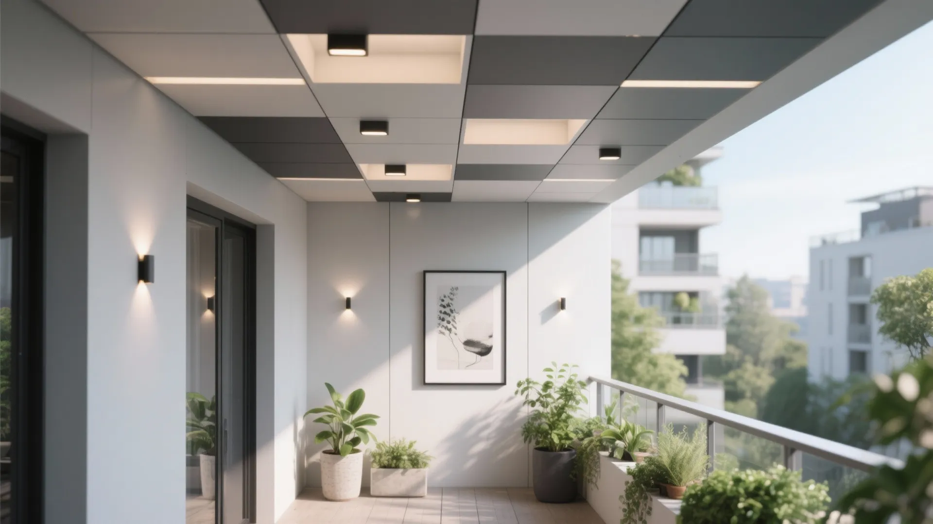 Modern balcony with shallow geometric POP panels and recessed pin light niches.