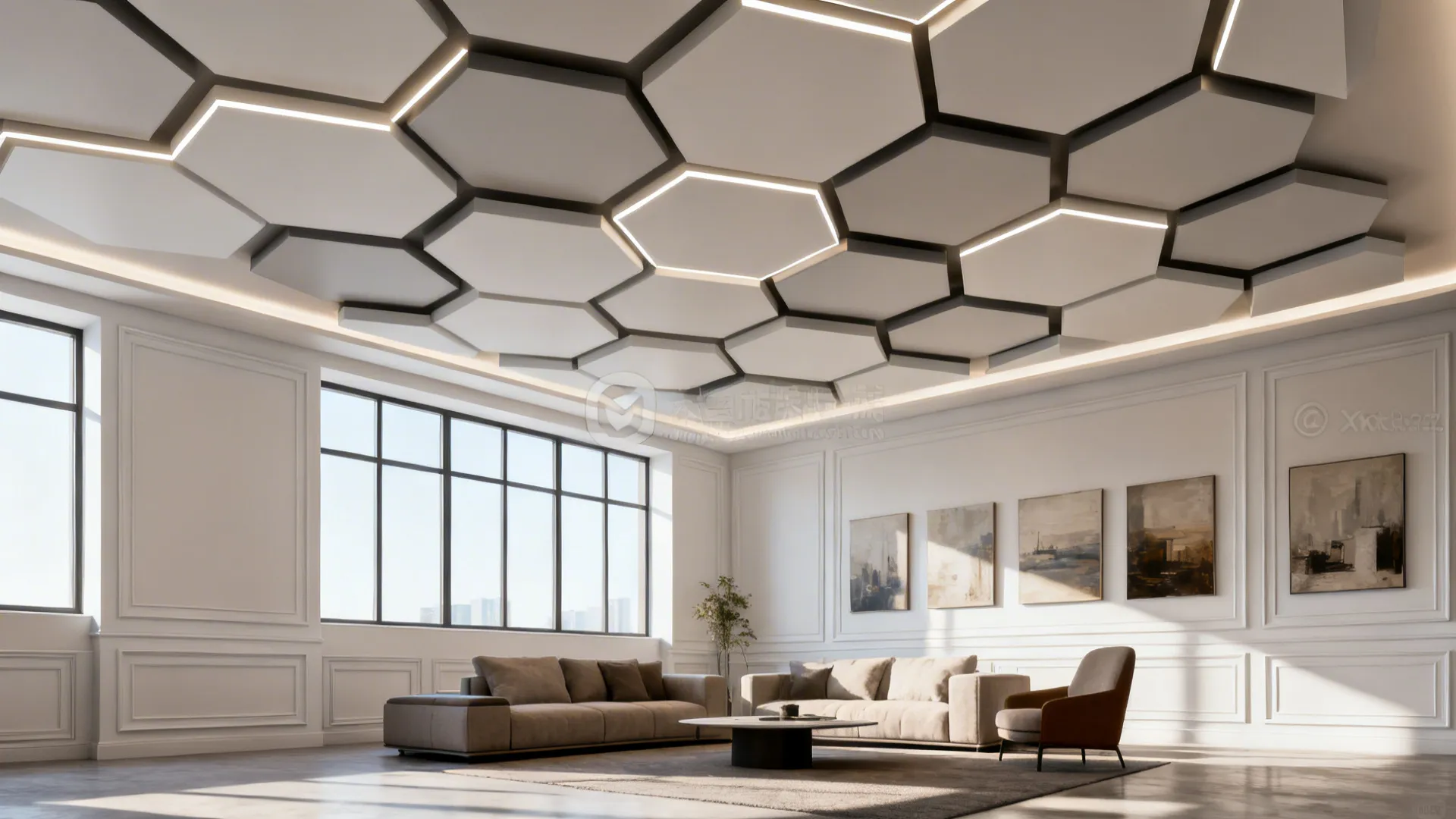 Loft living room showcasing geometric POP ceiling panels with crisp painted edges and modern furnishings.
