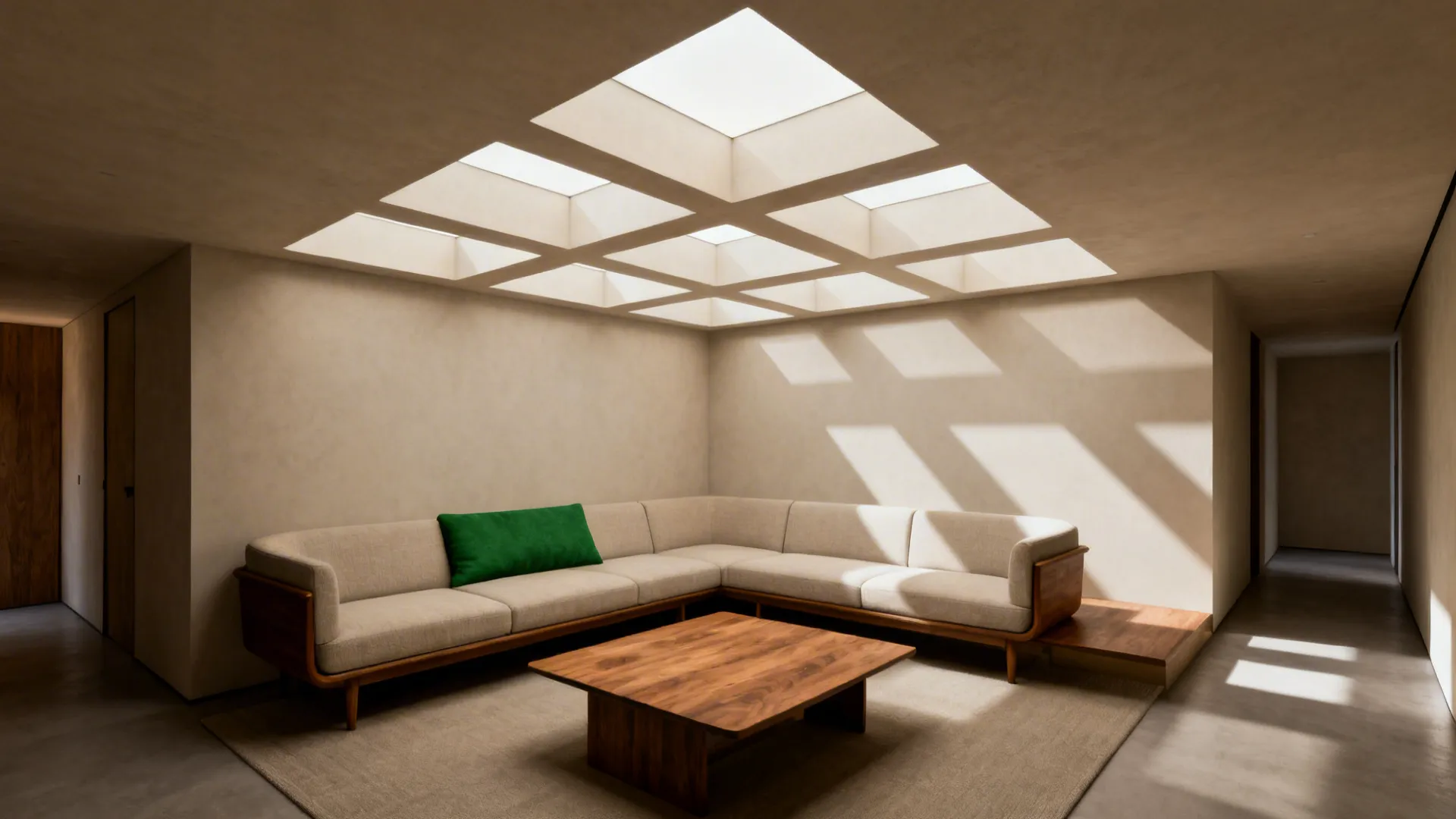 Living room with staggered rectangular geometric POP ceiling panels matching furniture lines