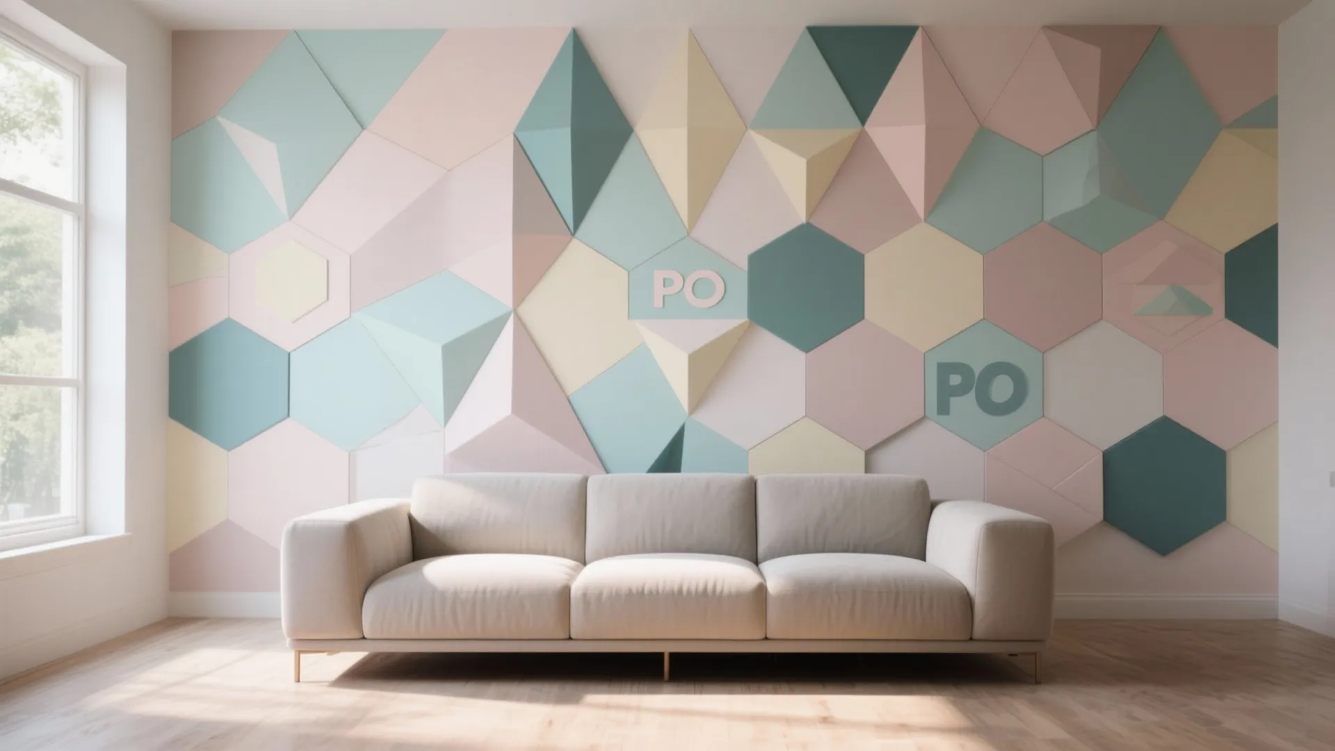 Modern living room featuring a colorful geometric wall panel behind a white sofa and window