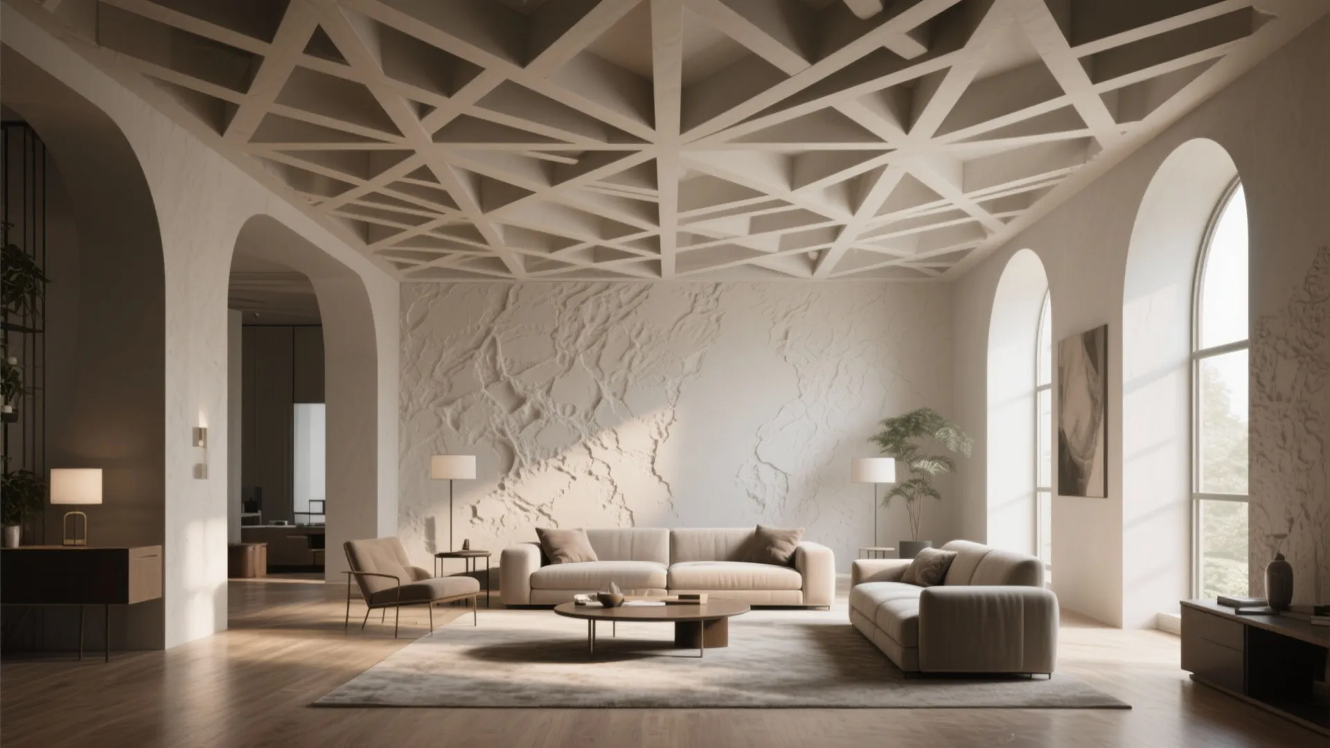 Modern cream living room with geometric ceiling patterns sofa large textured wall and arched windows