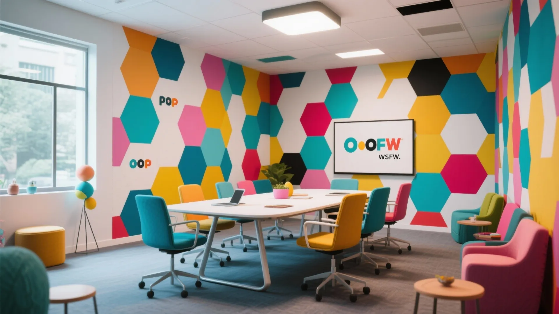 Bright meeting room with colorful hexagon wall patterns white table and many multi colored office chairs