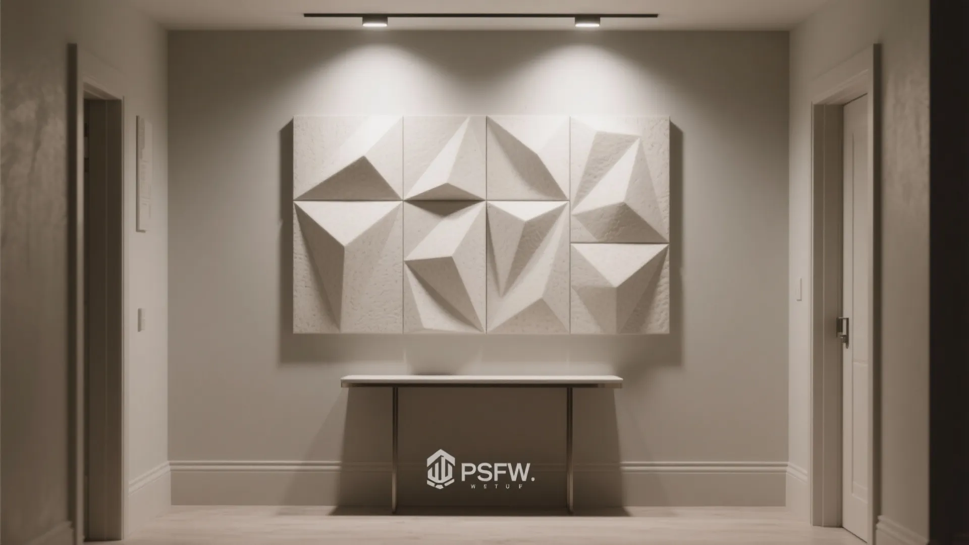 Geometric 3D wall panel design above a thin table with spotlights in modern neutral hallway