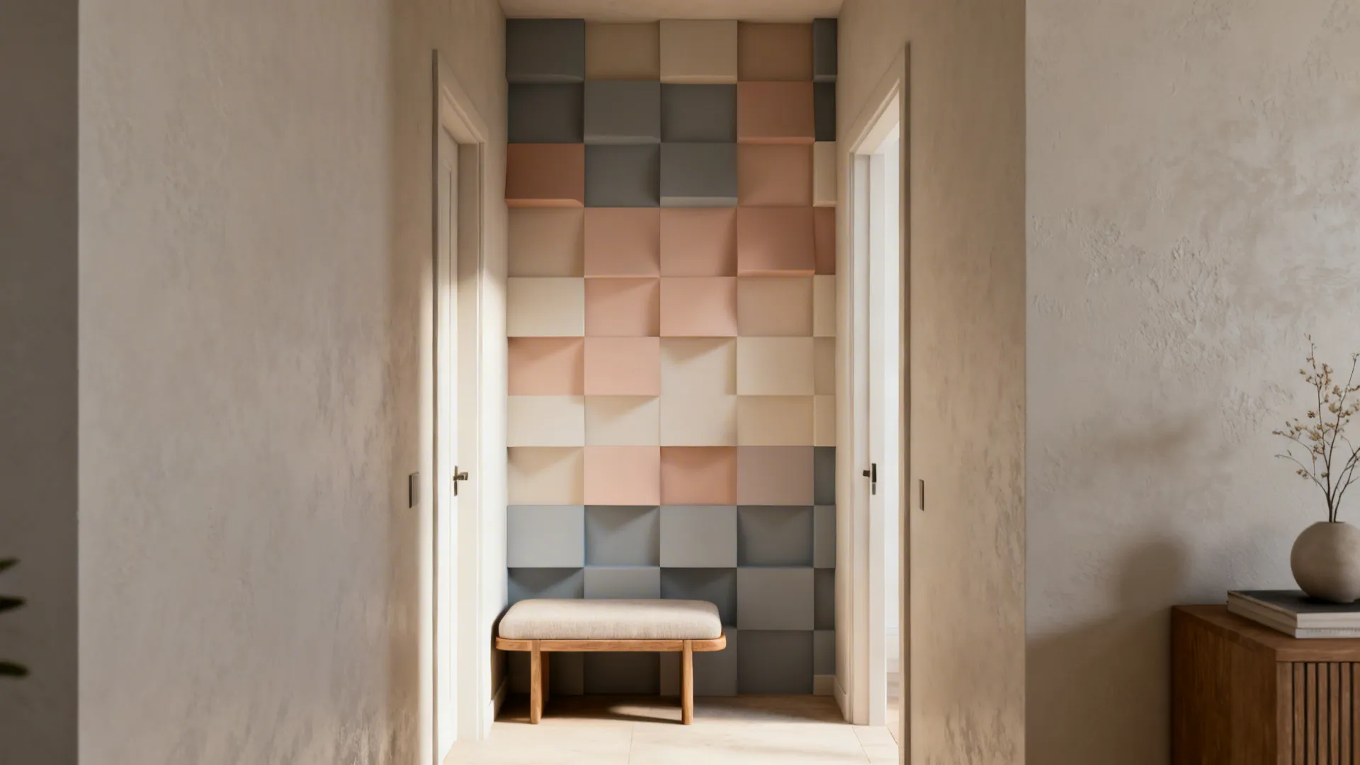 Small hall with staggered rectangular POP wall panels painted in two close tones.