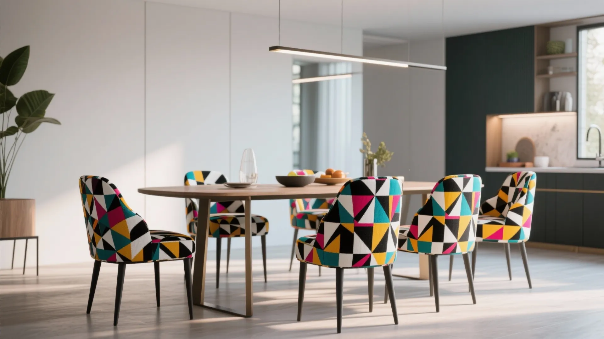 Modern dining room with wooden table and chairs featuring colorful geometric patterns and ceiling light