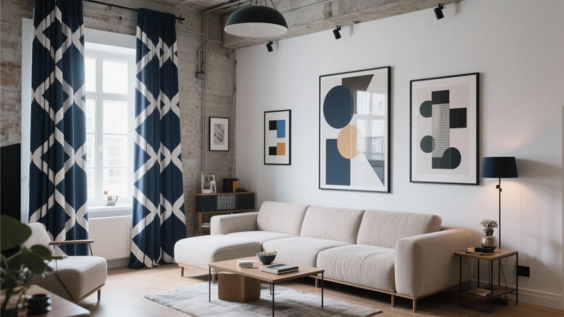 Modern living room featuring blue geometric pattern curtains beige sofa abstract wall art and black light