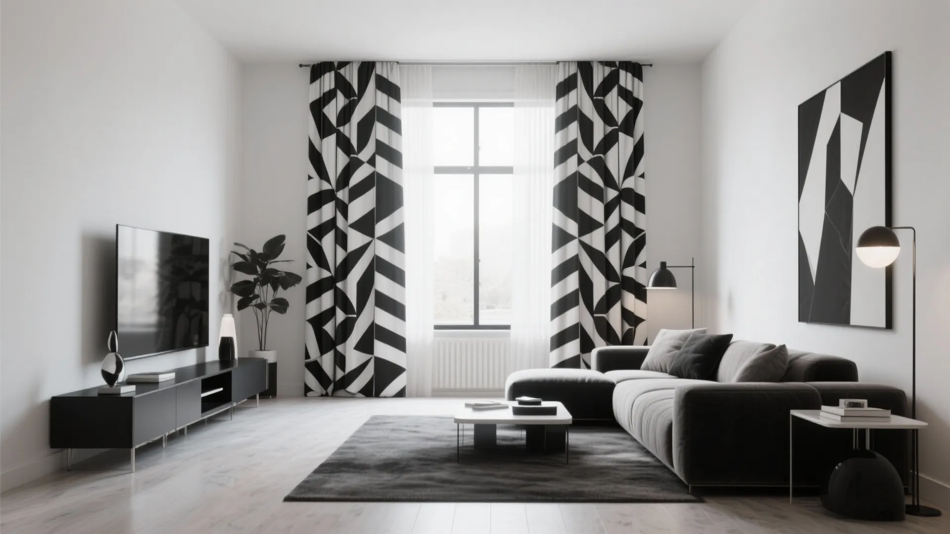 Modern living room with black and white geometric curtains grey sofa rug and dark cabinet