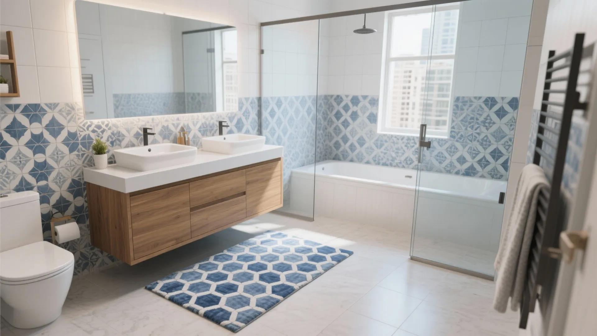 Modern bathroom with blue geometric pattern floor rug wooden cabinet white double sinks and bathtub