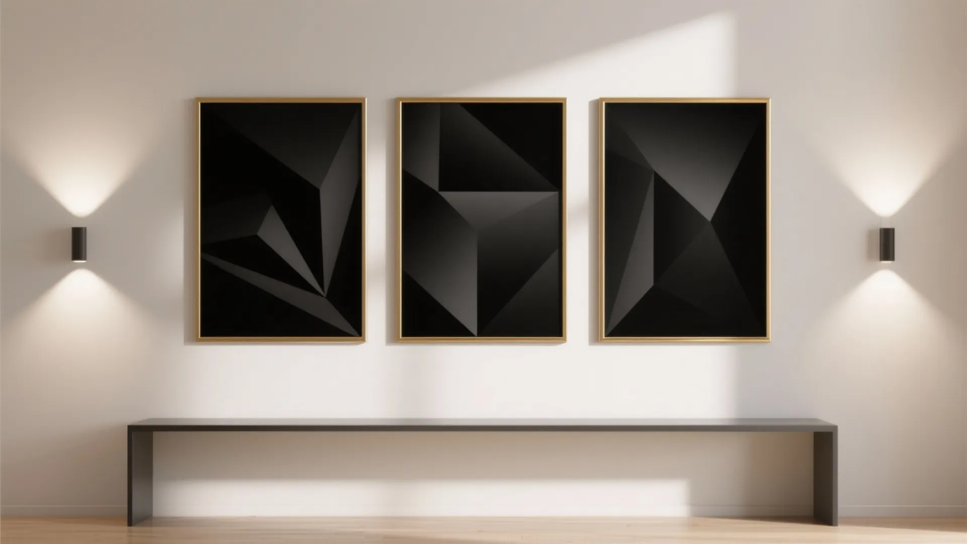 3. Geometric black prints with thin gold frames