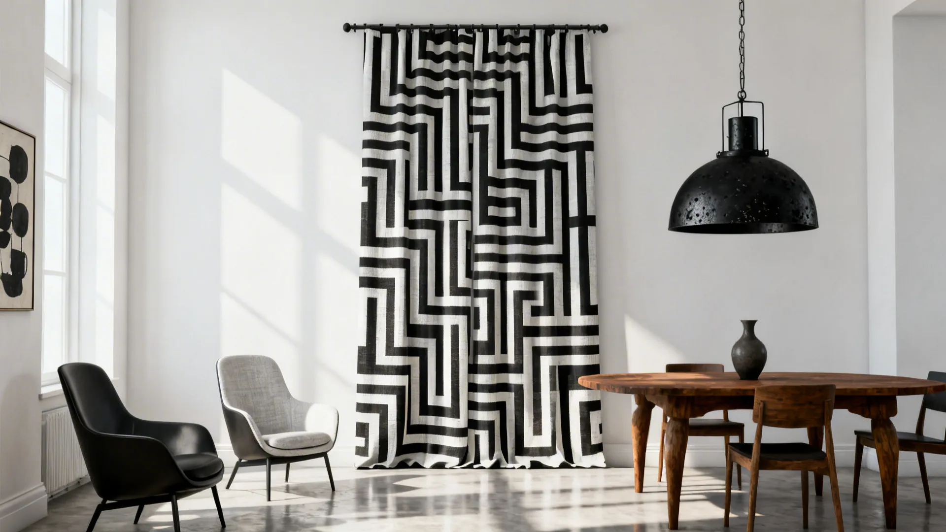 Loft living room with large-scale black-and-white geometric curtain panels unifying mixed furniture styles.
