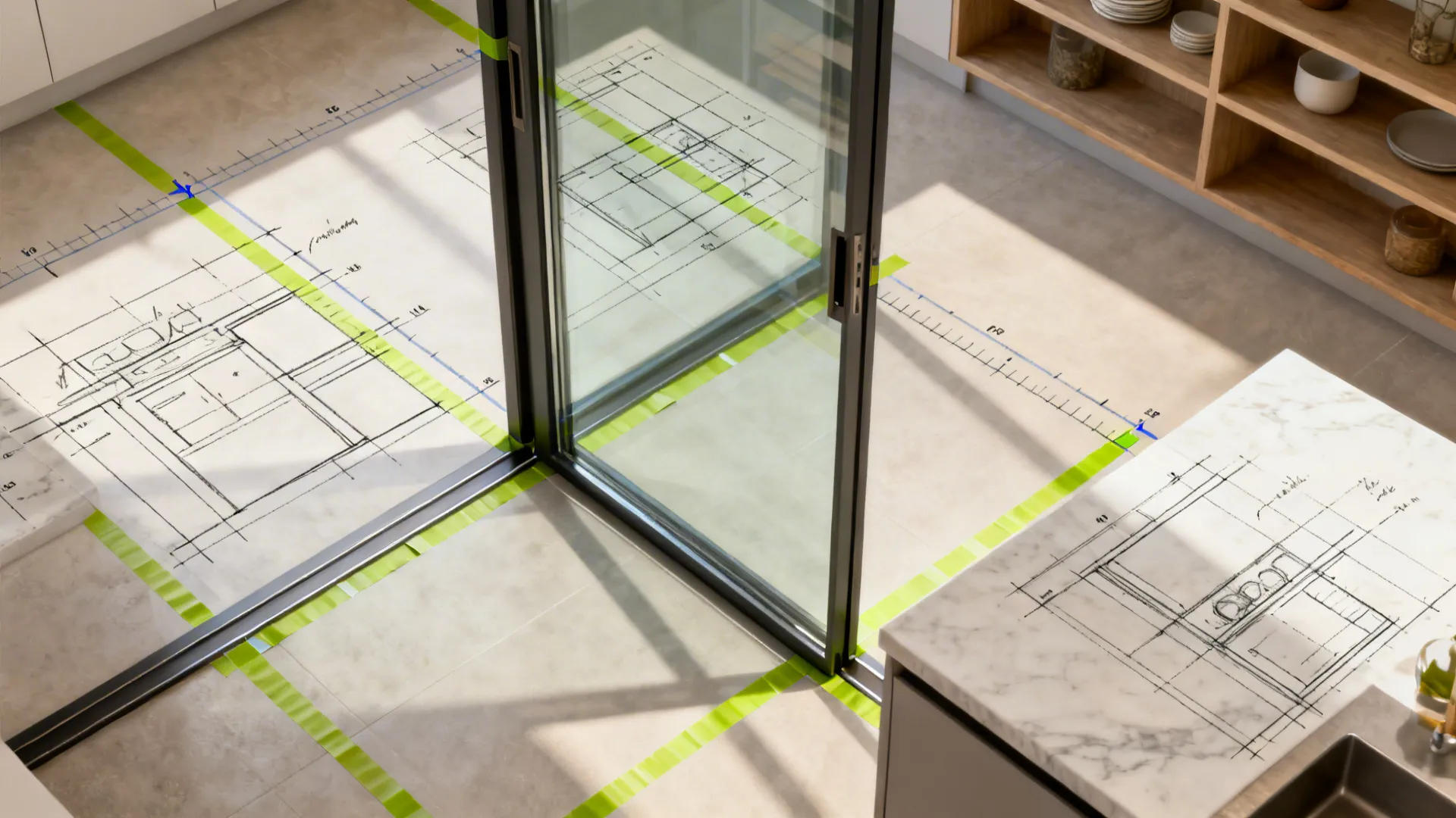 Top-down plan showing taped guides and alignment for geometric frosted bands with clear gaps on a kitchen door.