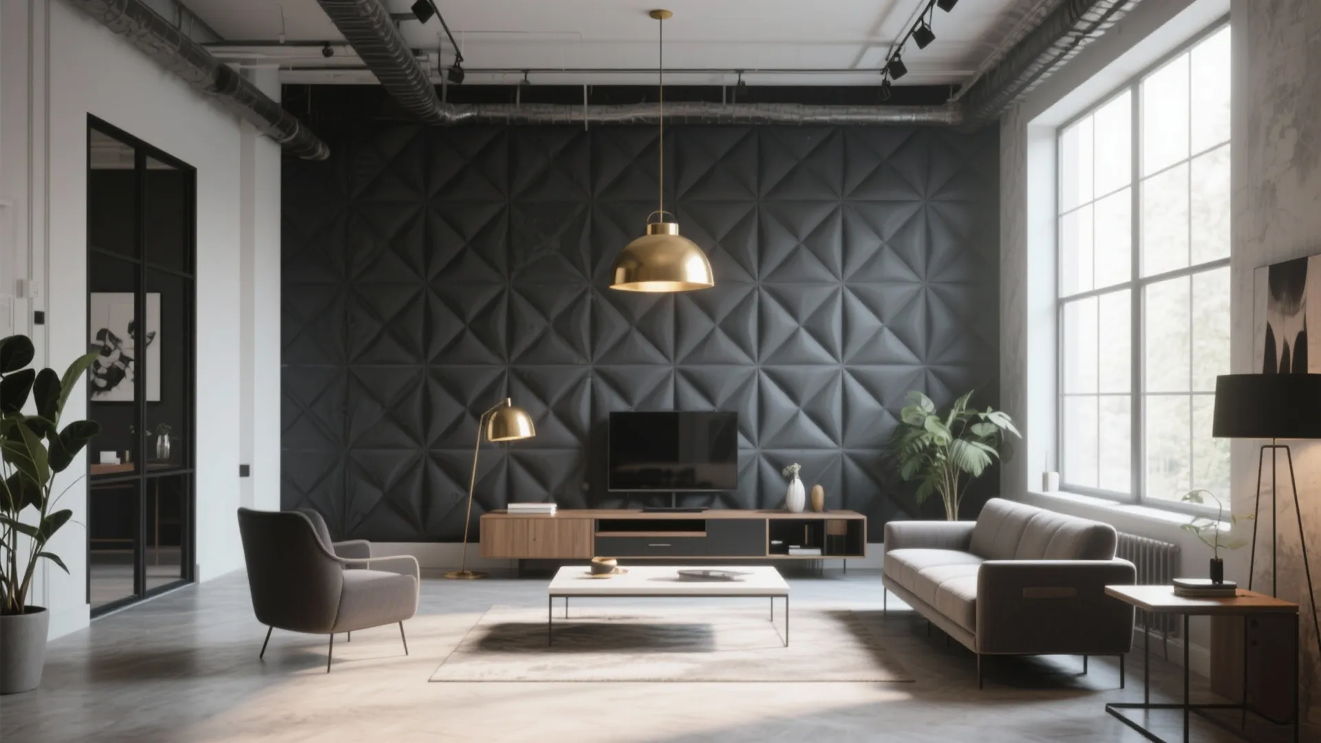 Modern living room with black geometric wall grey sofa gold ceiling light and a window