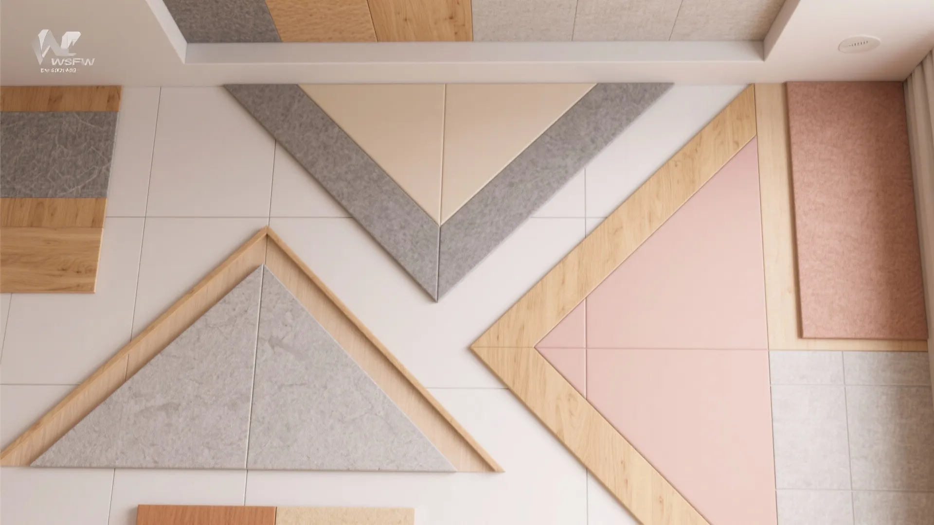 Modern wall design featuring pink grey and wood grain geometric triangles and rectangular wall panels