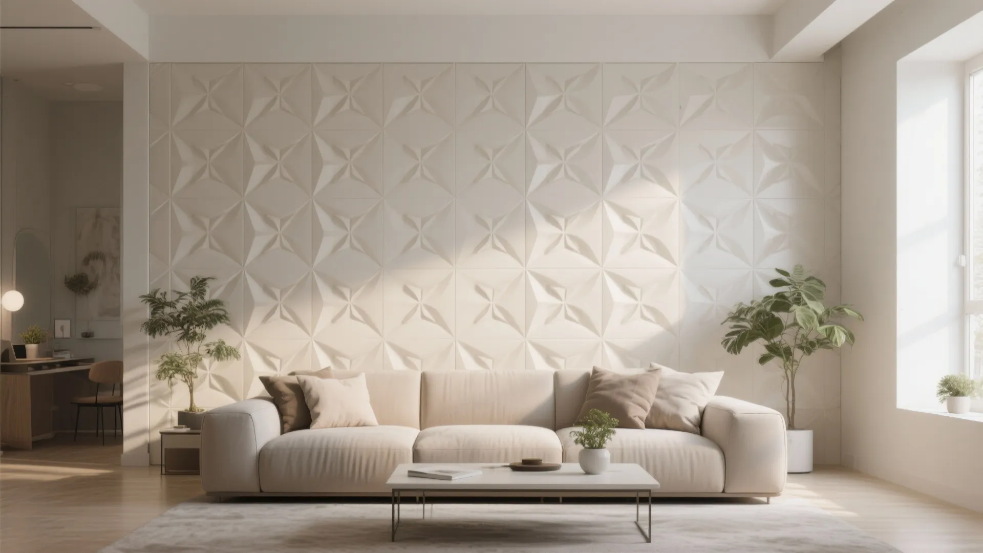 Neutral PVC wall panels with embossed geometric pattern in a modern living room