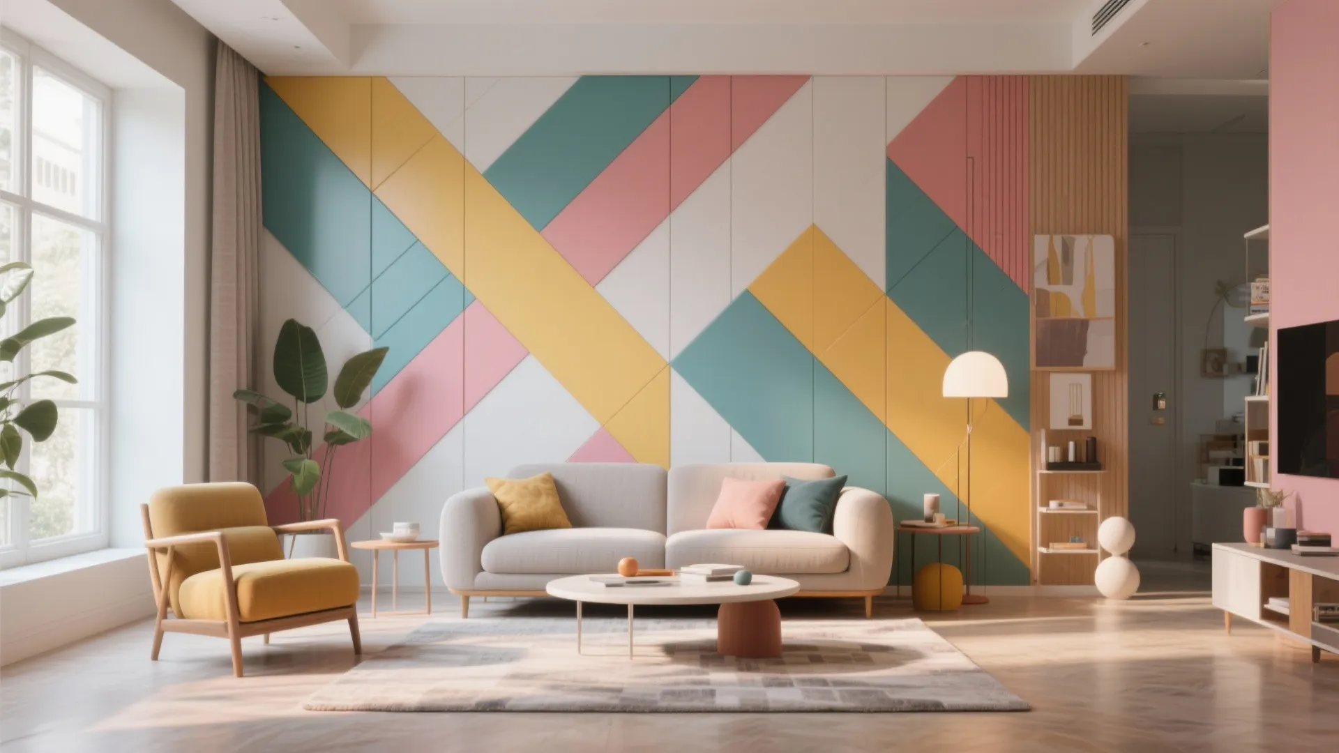 Living room with colorful geometric wall panels, white sofa, yellow armchair, coffee table and natural light
