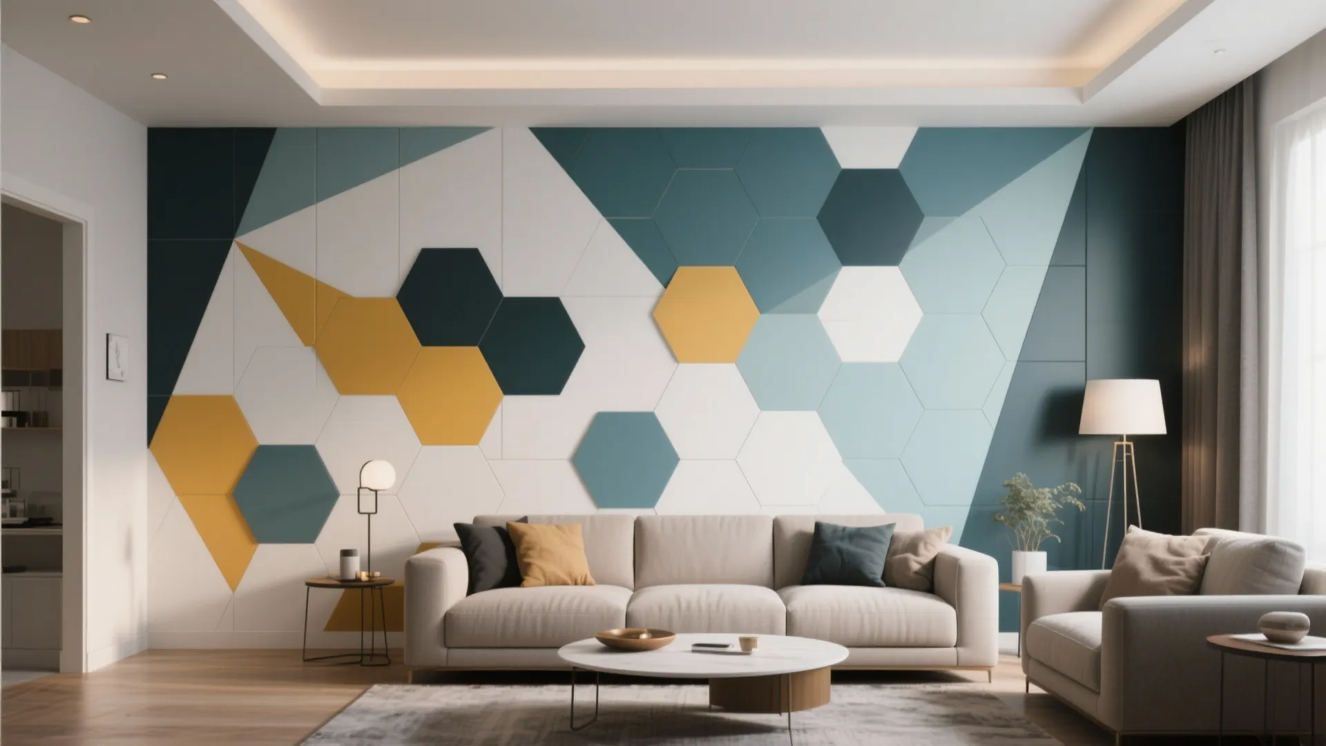 Modern living room featuring a colorful geometric hexagon wall panel with beige sofa and round table