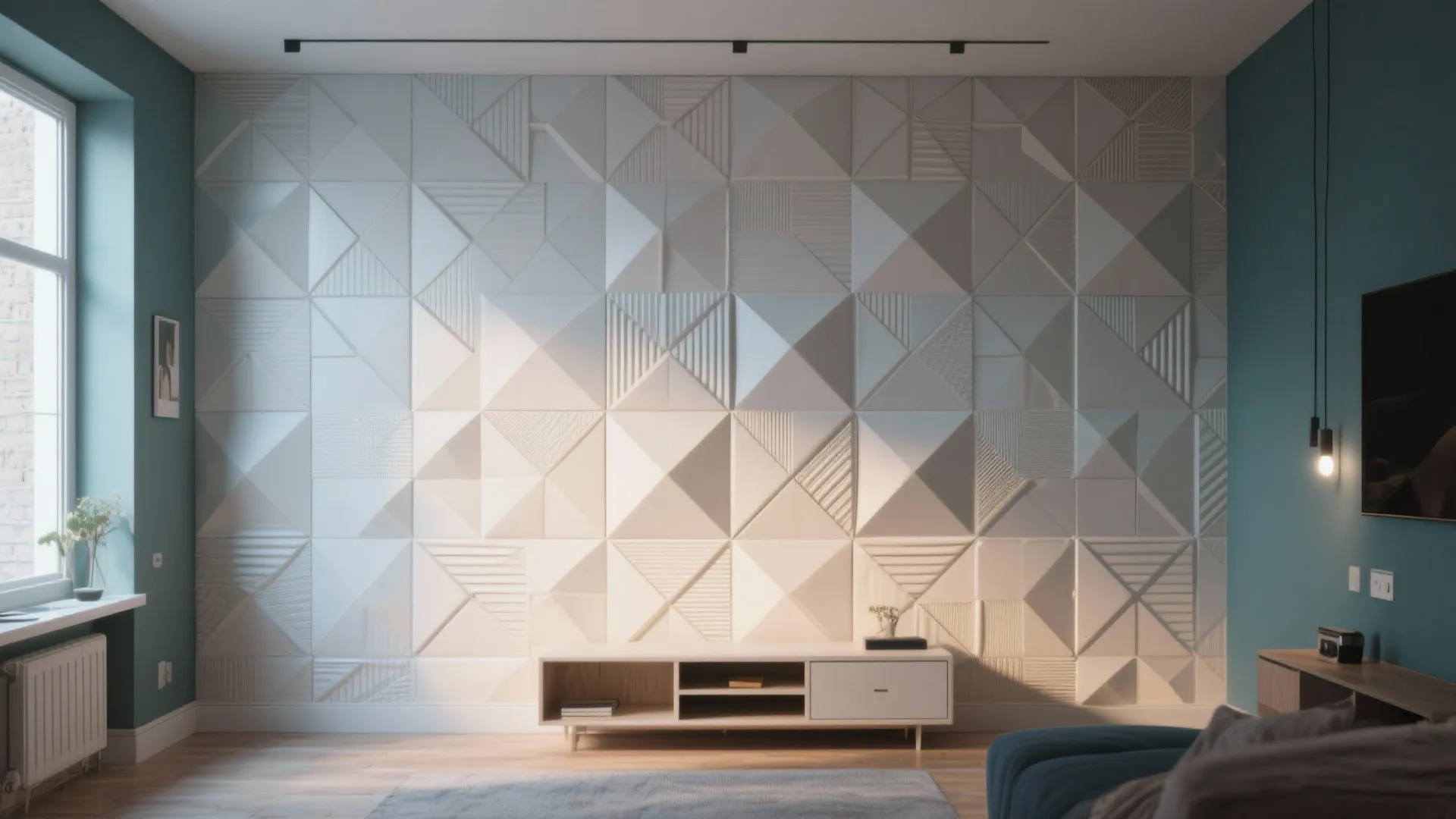 Living room with white geometric wall panel behind a simple cabinet and green painted walls