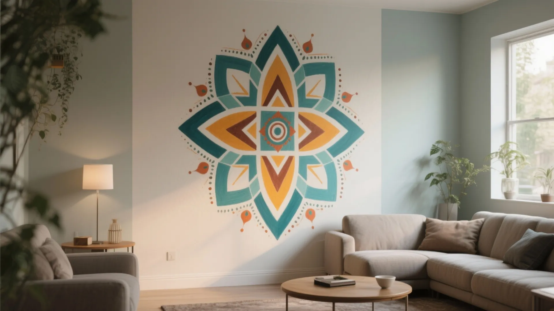 Modern living room with a large colorful geometric pattern on the wall and grey sofa
