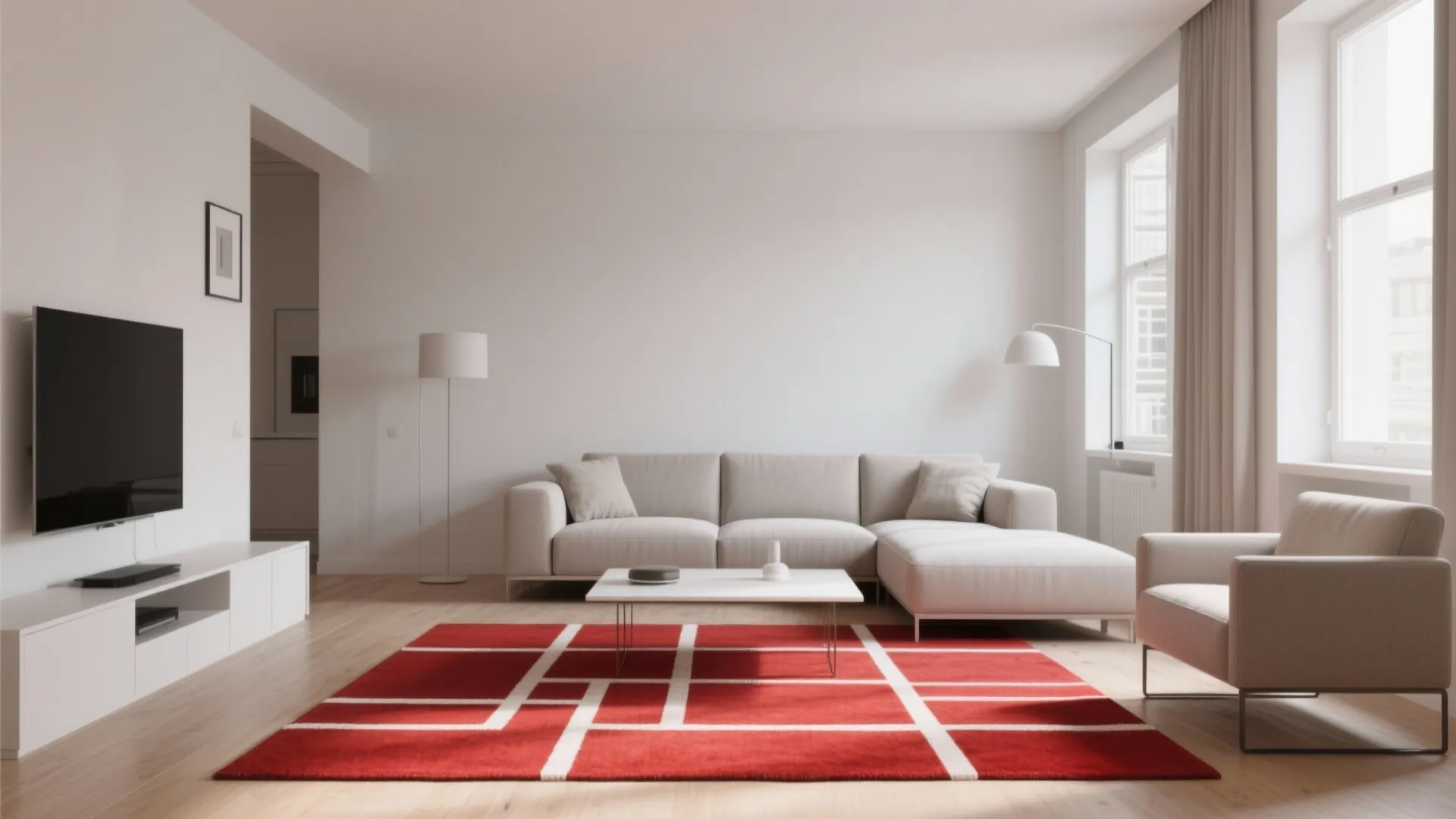 Modern white living room with red geometric rug grey sofa white coffee table and floor lamp