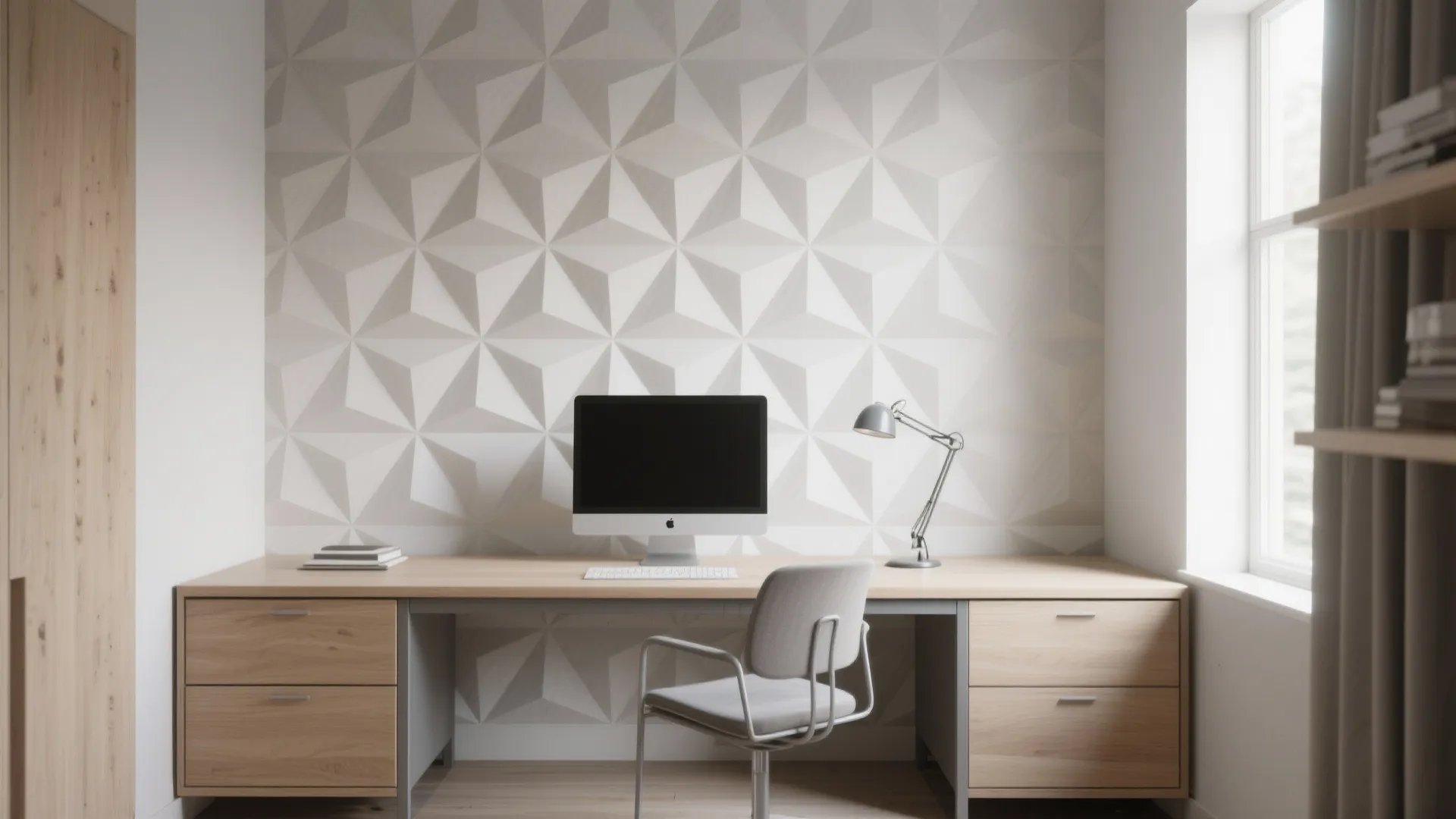 Minimalist study room featuring wooden desk with computer and chair against light grey patterned wallpaper
