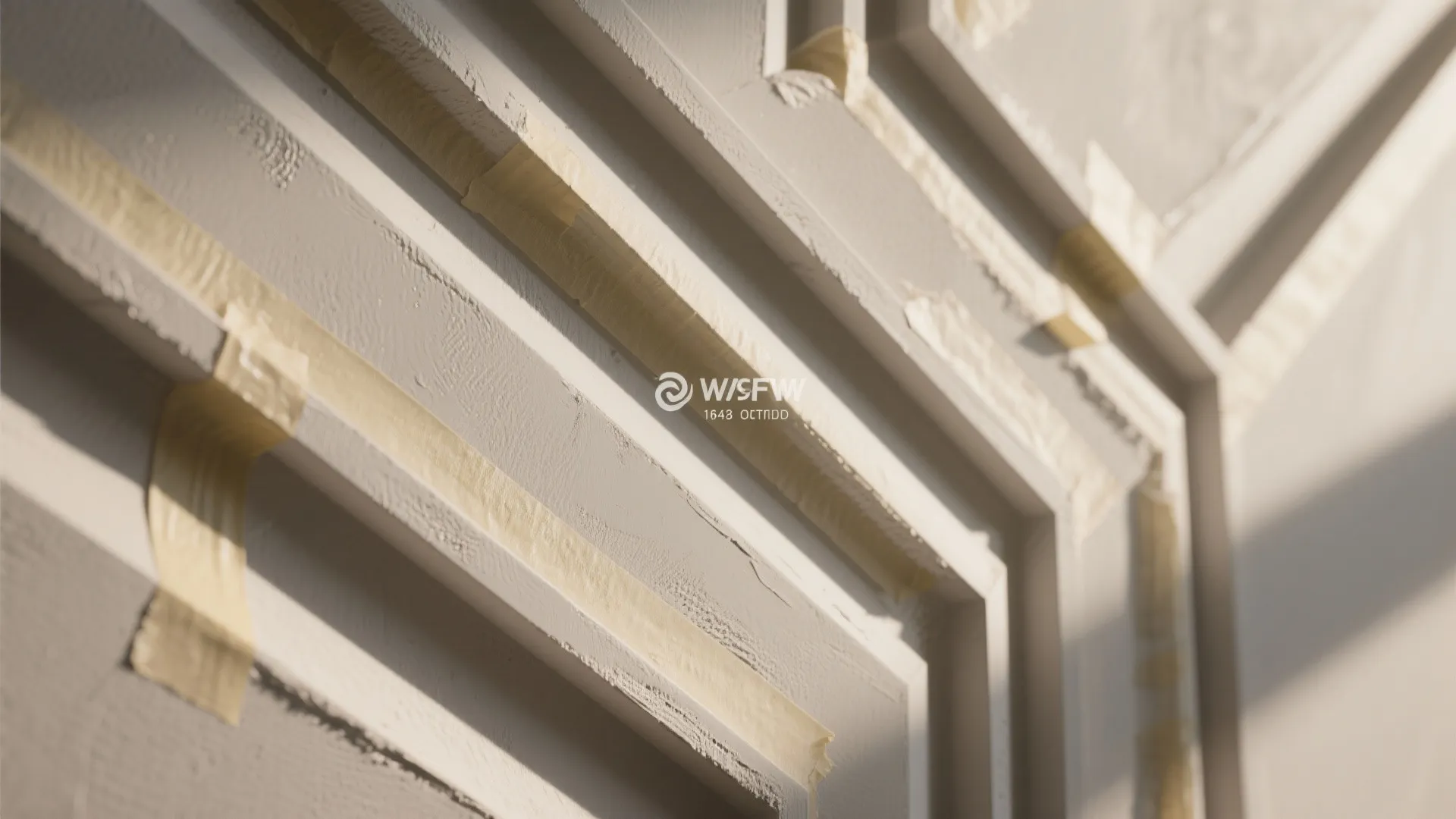 Close up of white wall panel design with yellow masking tape applied for house painting