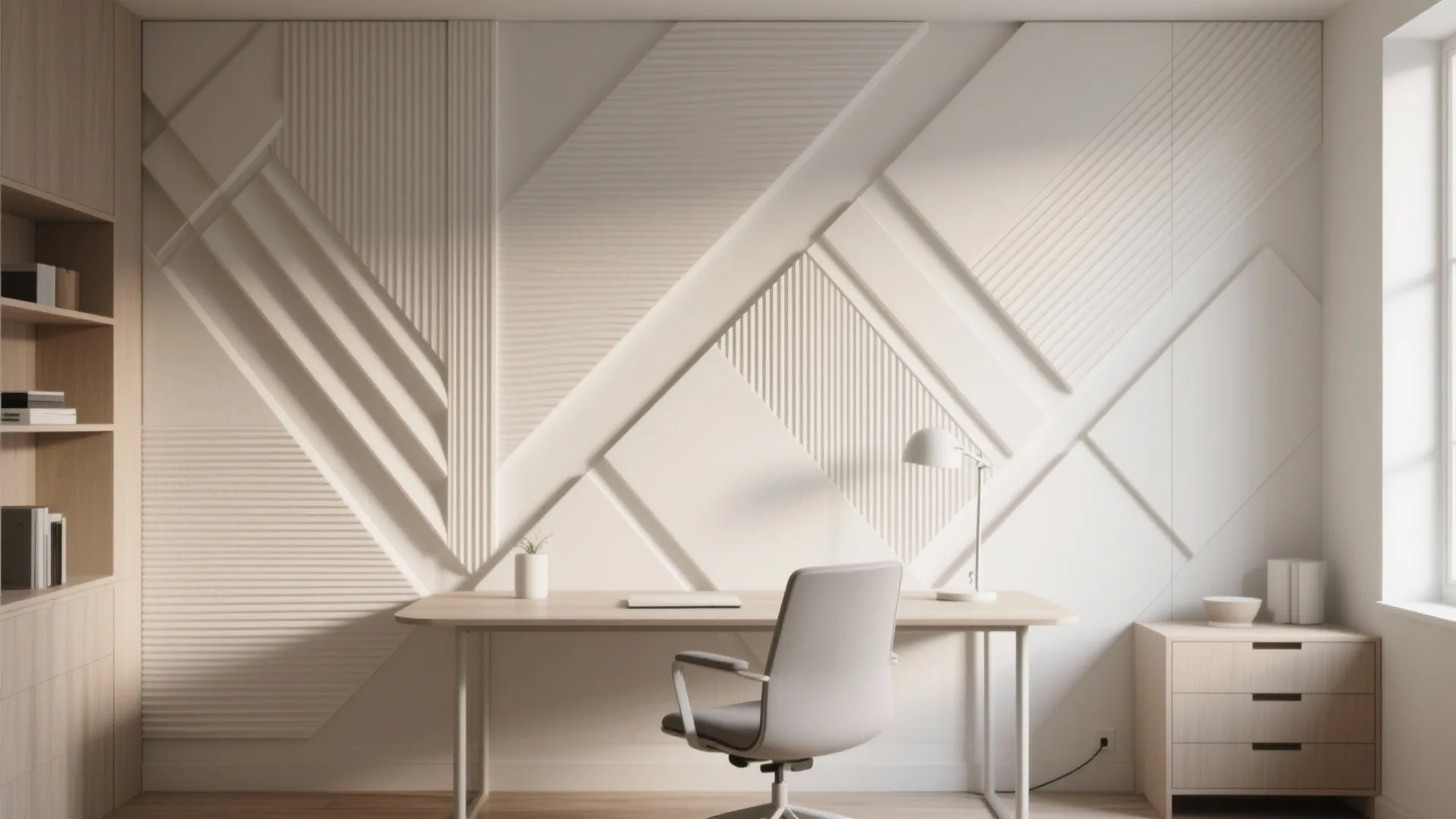 Modern home office with white geometric wall panel wooden desk grey chair and table lamp