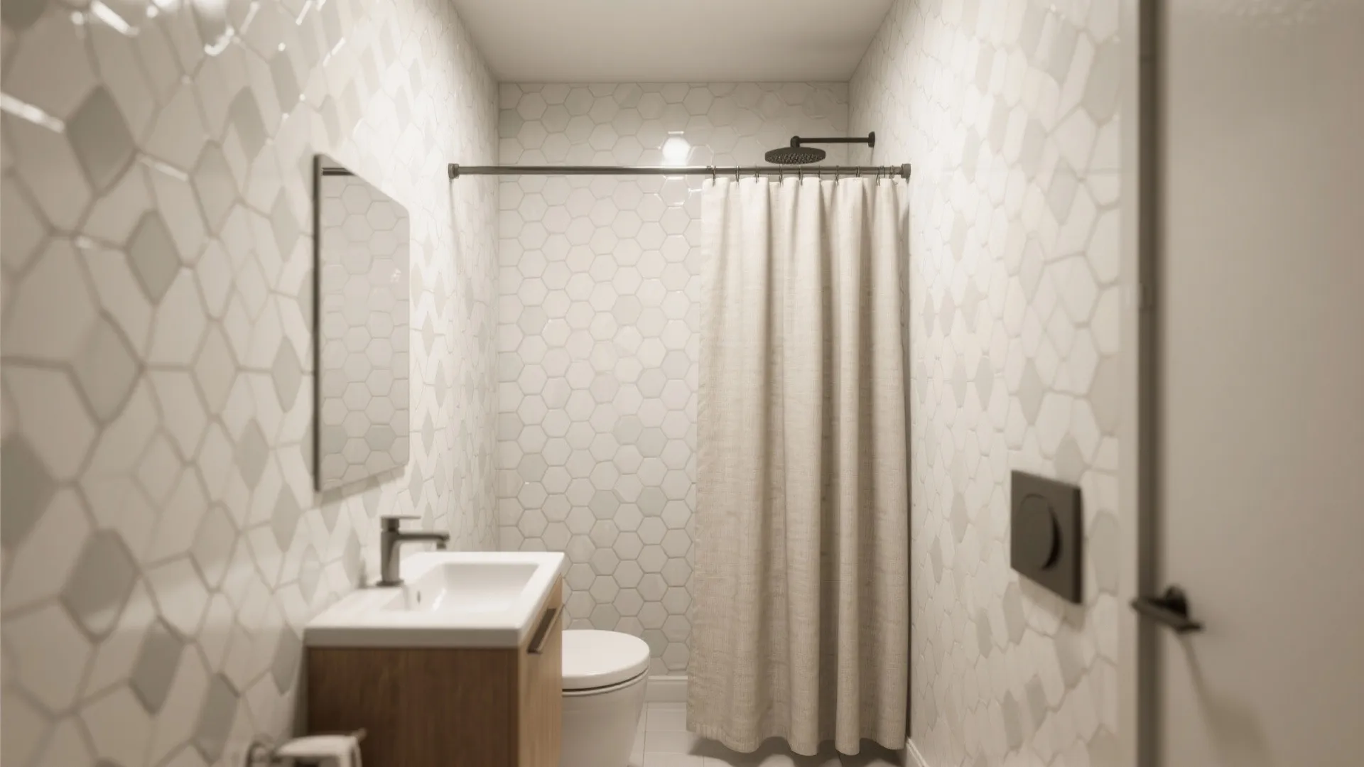 Modern bathroom with hexagon wall tiles wooden vanity white sink mirror toilet and beige curtain