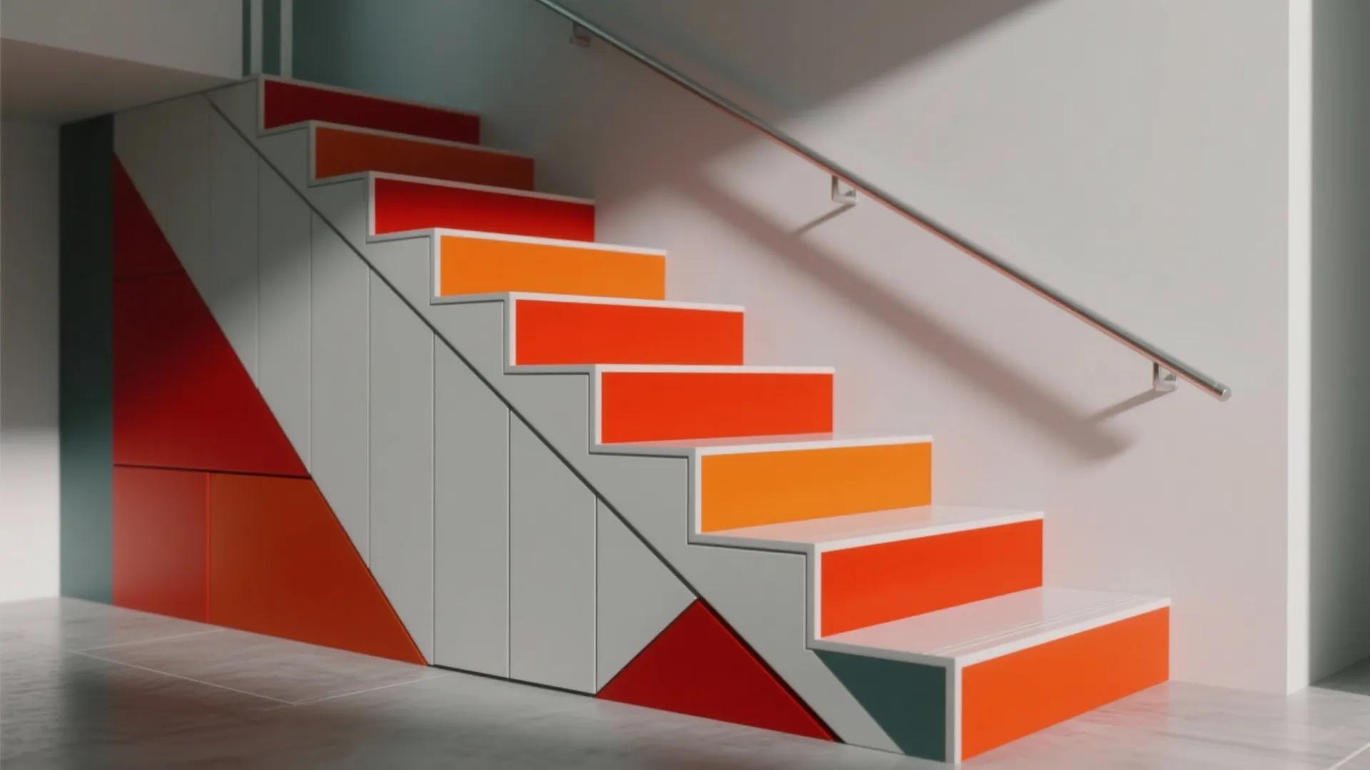White stairs featuring bright orange and red geometric patterns on steps with simple metal handrail