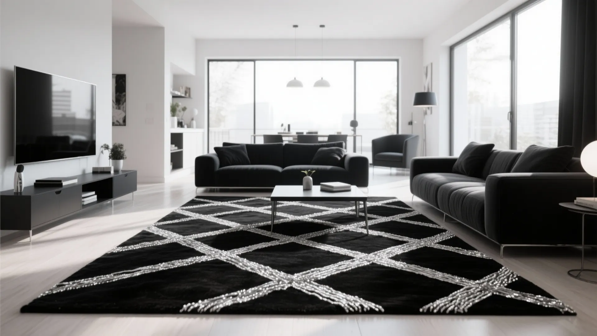 Black and white geometric rug with silver accents in living room