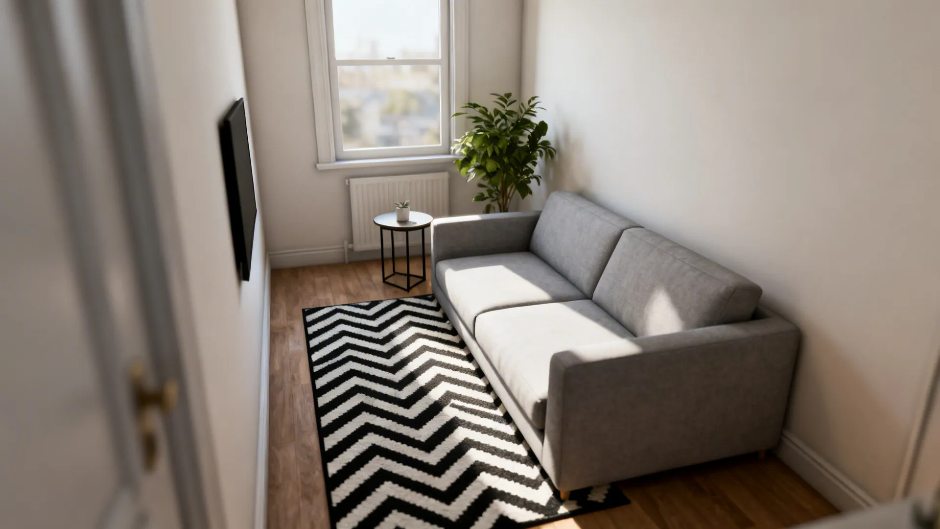 Narrow living room with a black-and-white geometric chevron rug and a neutral sofa.