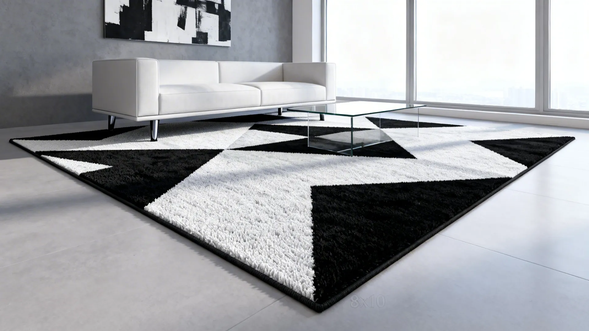 Living room with a bold black-and-white geometric rug defining the seating area.