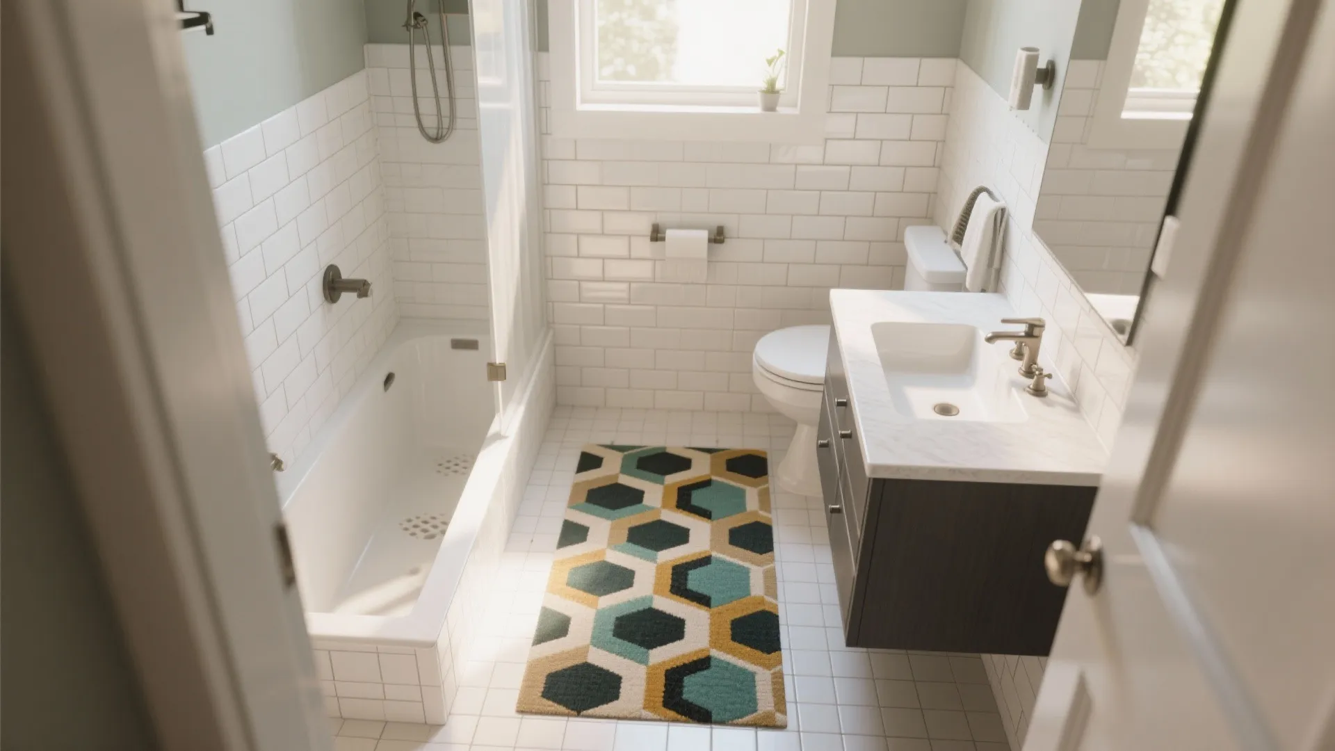 Modern bathroom featuring white wall tiles bathtub toilet black vanity and a colorful hexagonal rug