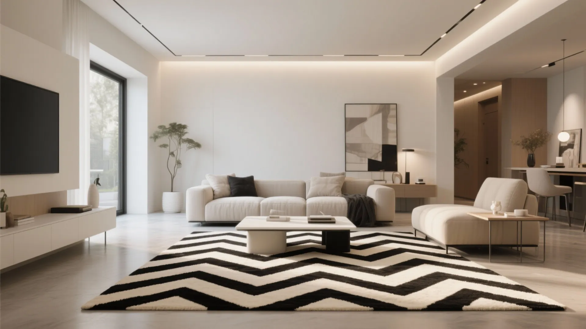 Cream rug with black chevron pattern in stylish living room