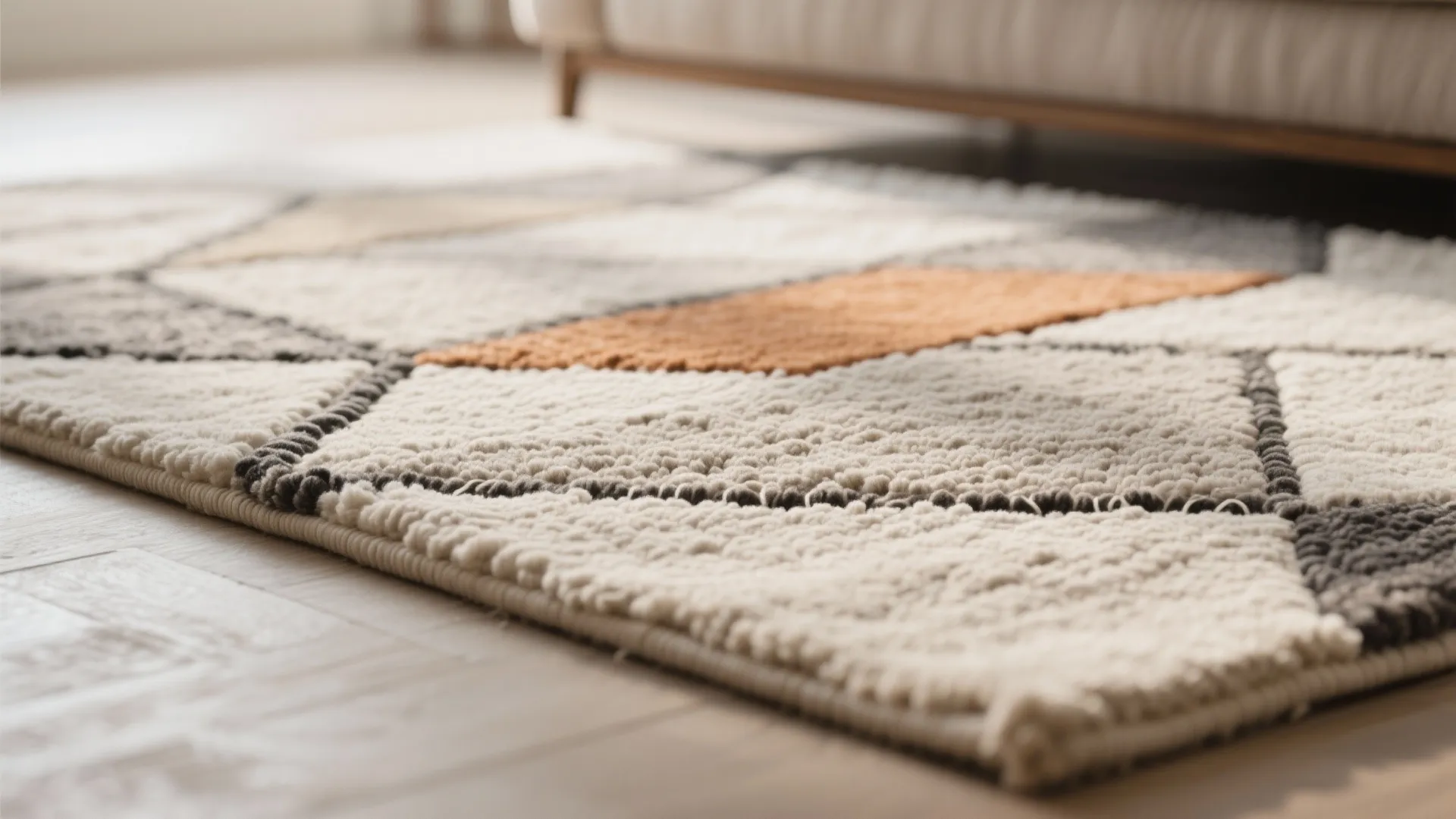 Close up of a soft textured rug with geometric shapes in white orange and grey colors