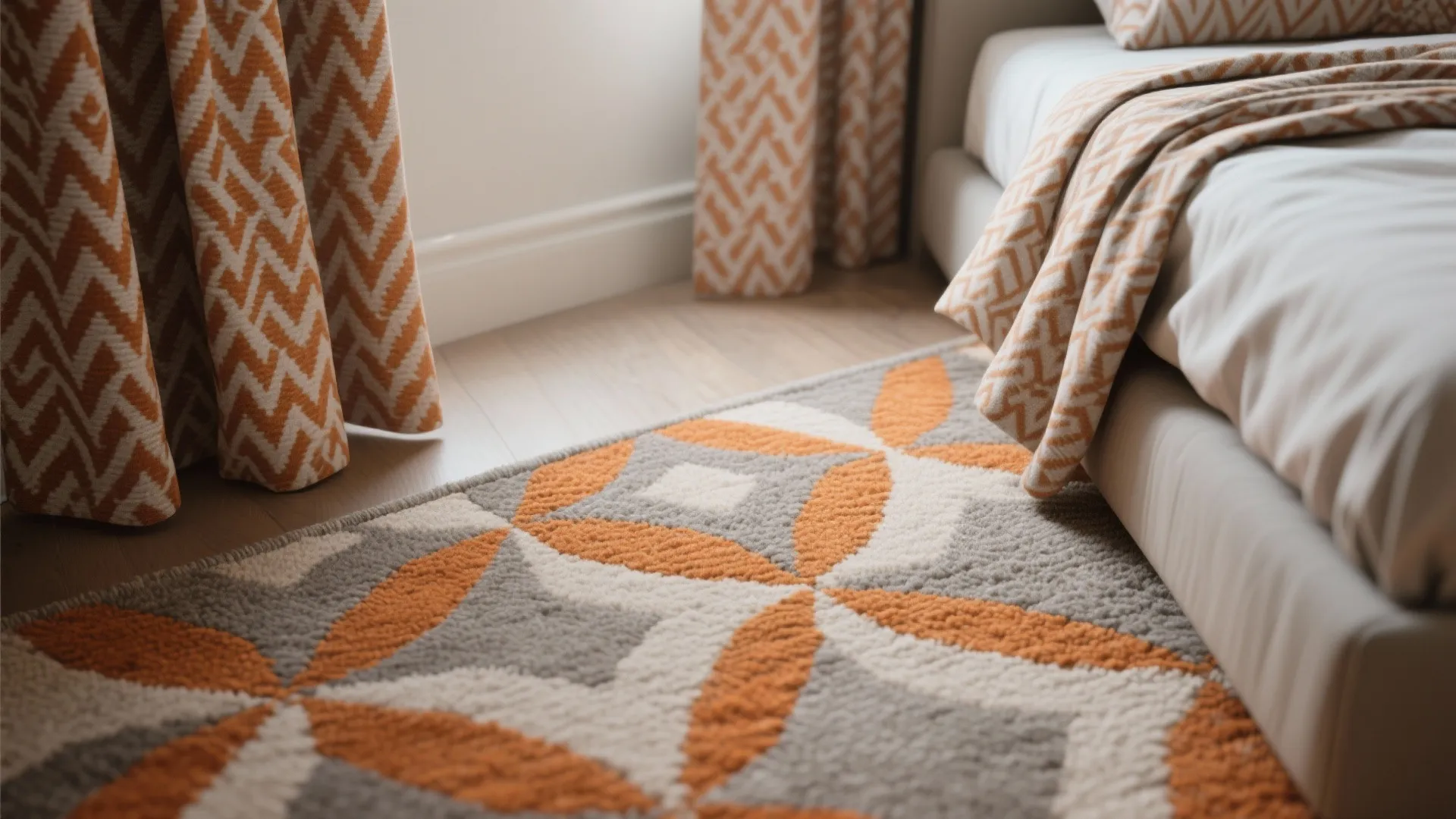 Bedroom floor showing a patterned rug matching curtains and a bed with a light blanket