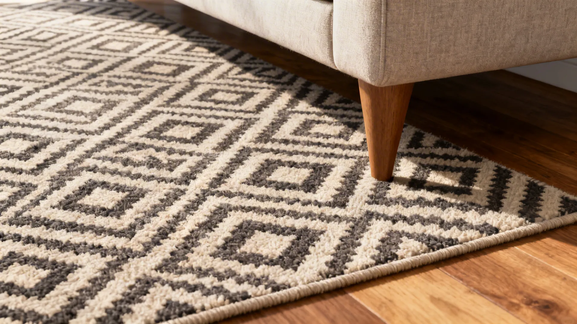 Close-up of a wool geometric rug showing diamond and chevron motifs next to a tapered sofa leg.