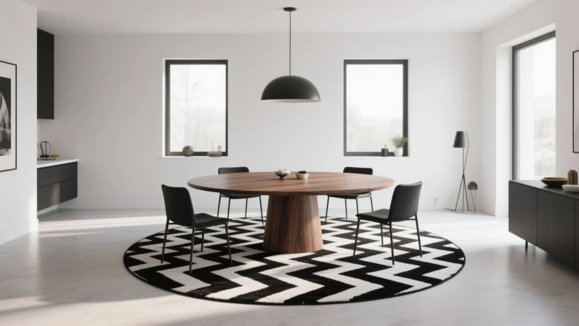 Round dining table on bold geometric patterned rug