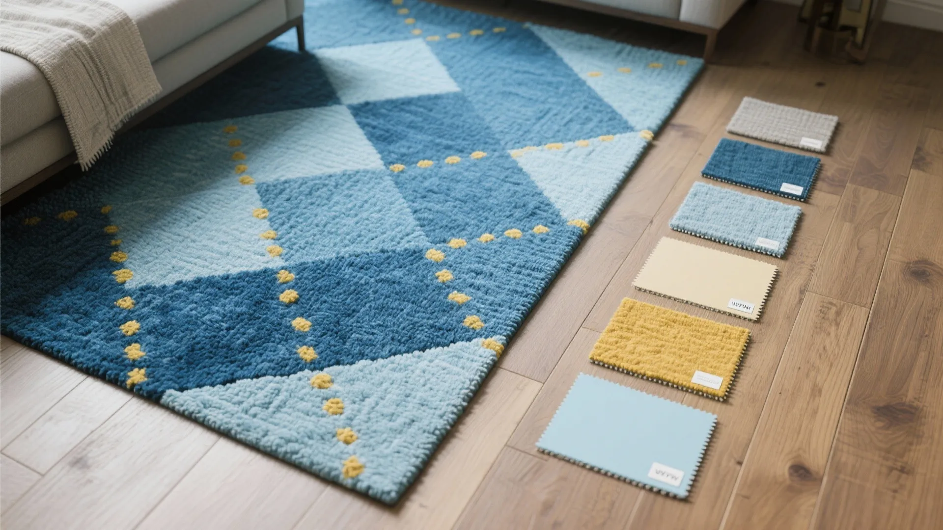 4. Pattern Play: Geometric Blue Rugs with Yellow Details