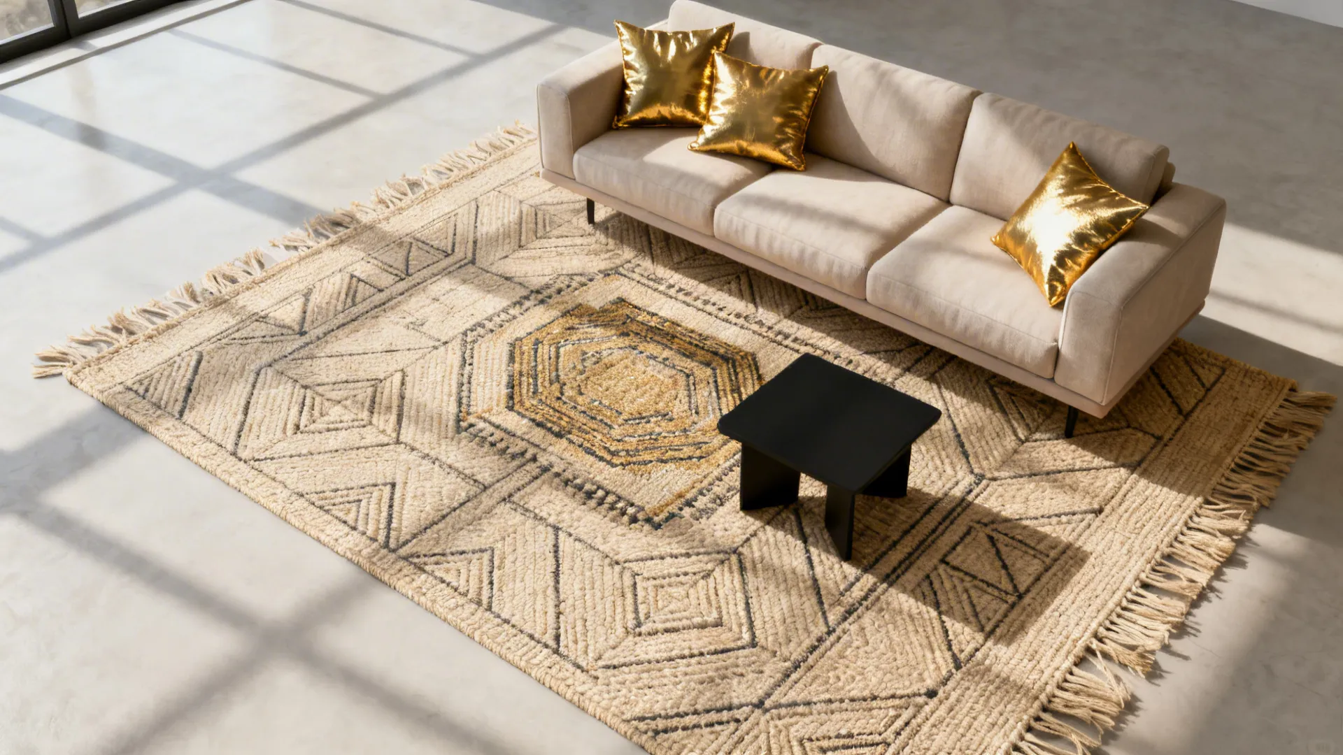 Living room with a geometric beige rug and gold-accented throw pillows.