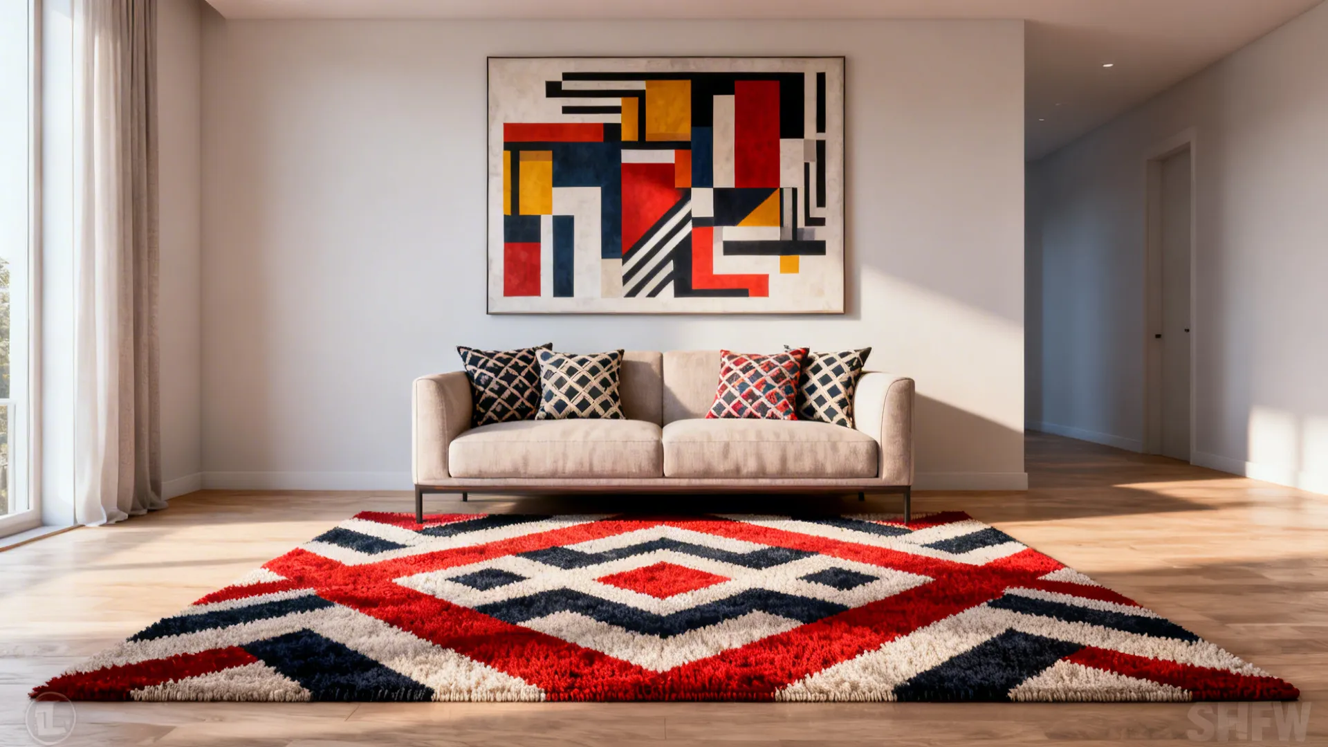 Seating area with a bold geometric rug and large abstract art in mid-century style