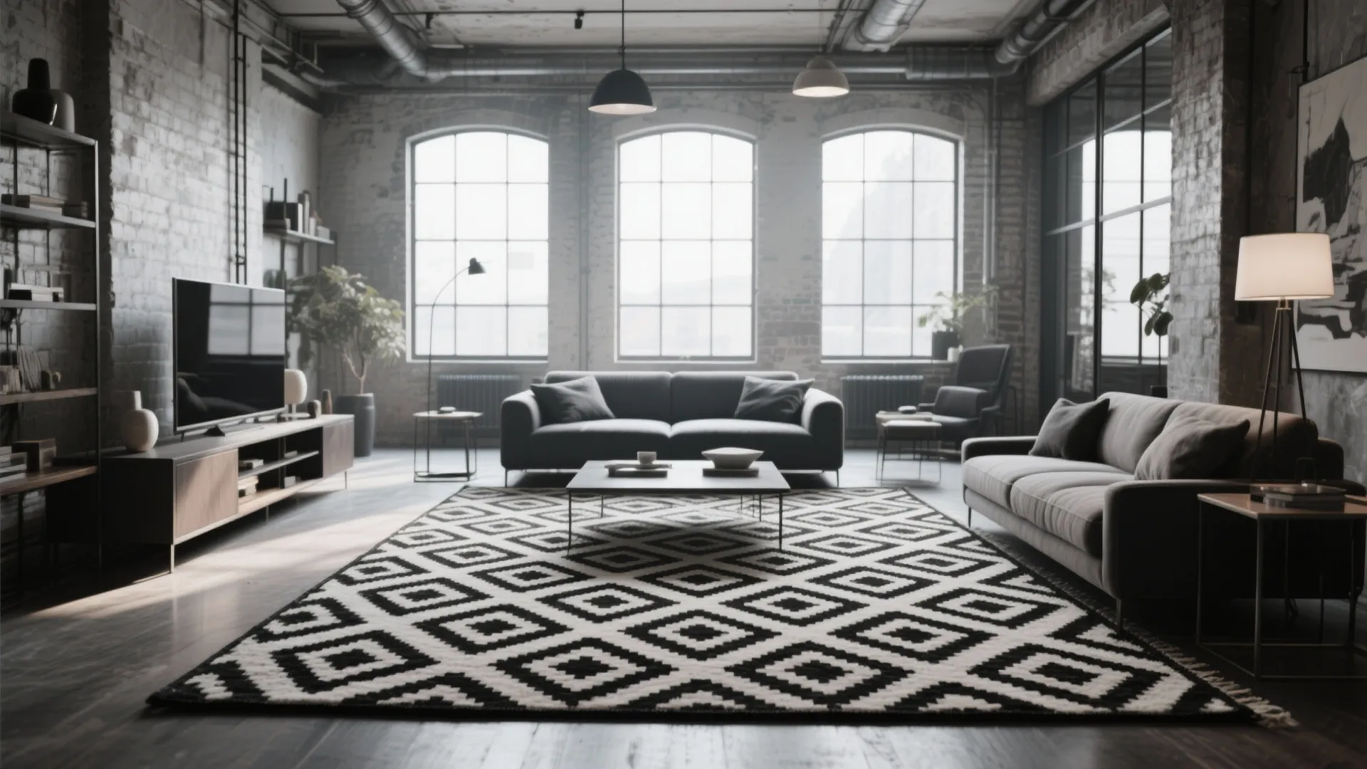 Industrial living room showing a black and white geometric rug, grey sofa, and large windows