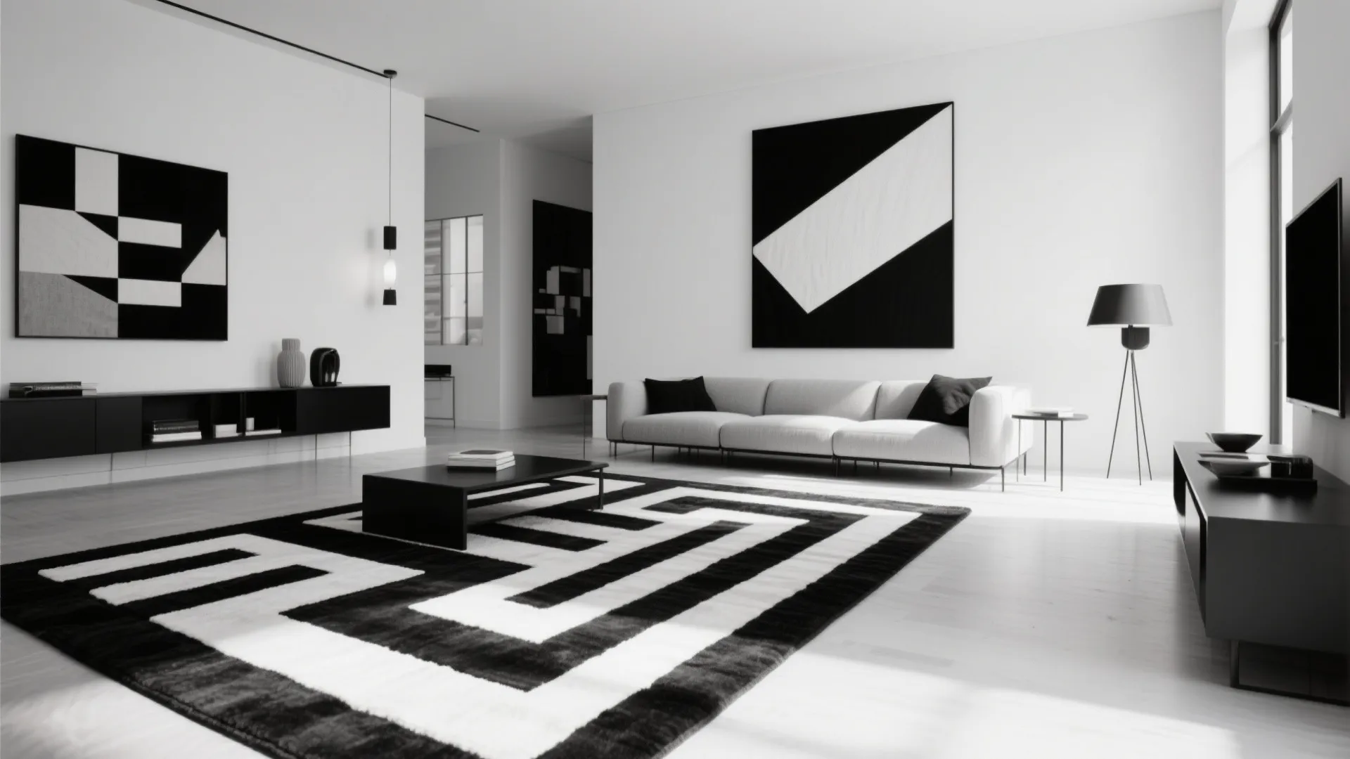 Modern black and white living room with geometric rug white sofa coffee table and art