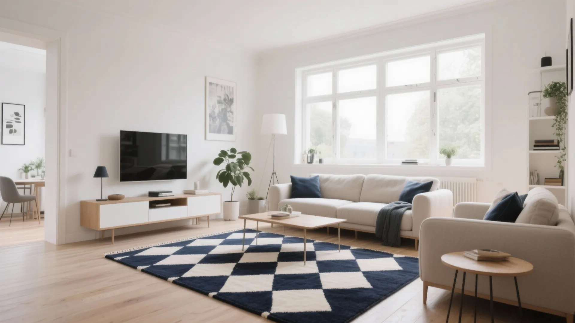 Modern living room featuring a navy and white diamond pattern rug wooden furniture and television set