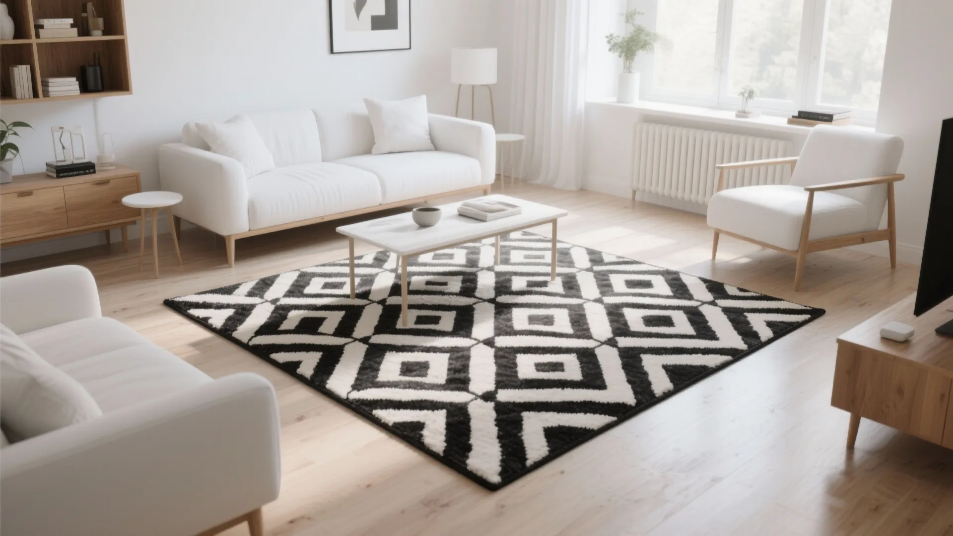 Living room with bold black-and-white geometric 5x7 rug
