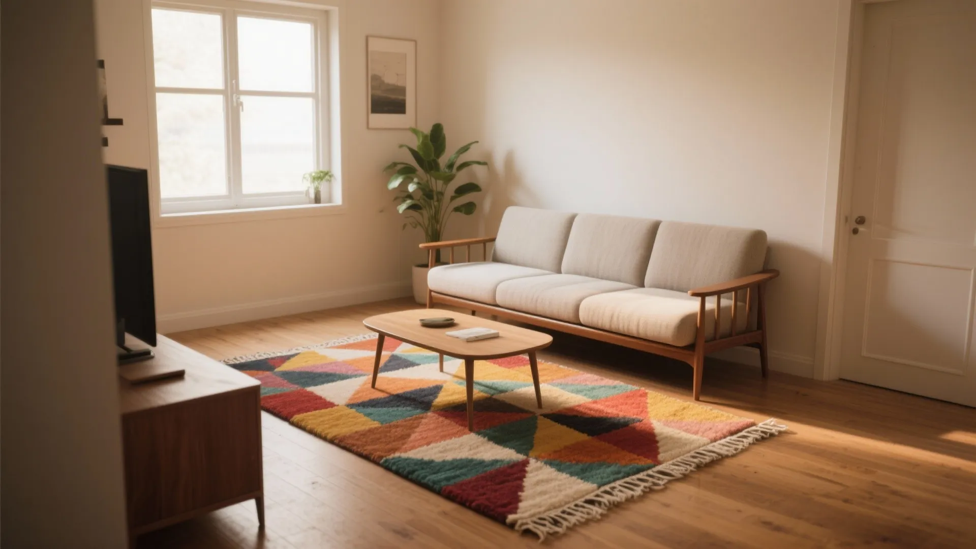 Modern living room with wooden floor, grey sofa, coffee table, plant, and colorful geometric rug