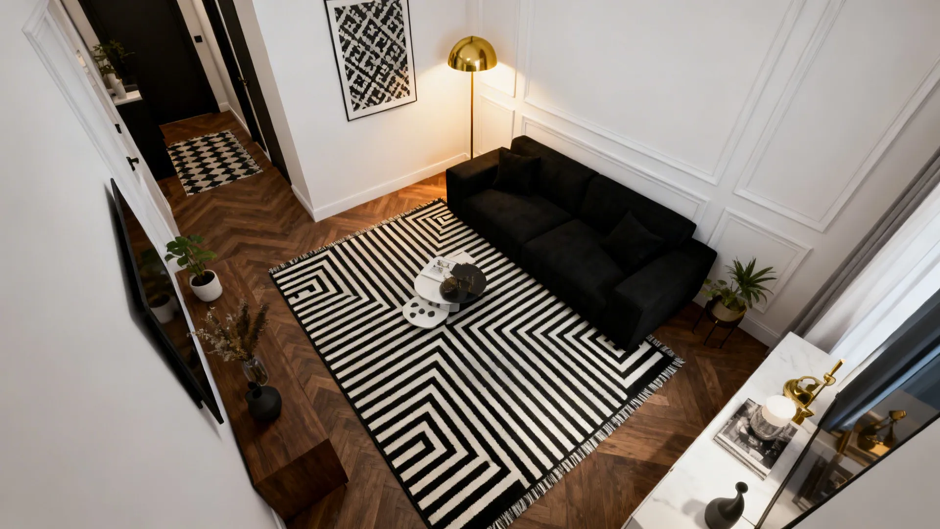 3. Pattern play: black and white graphics with metallic accents