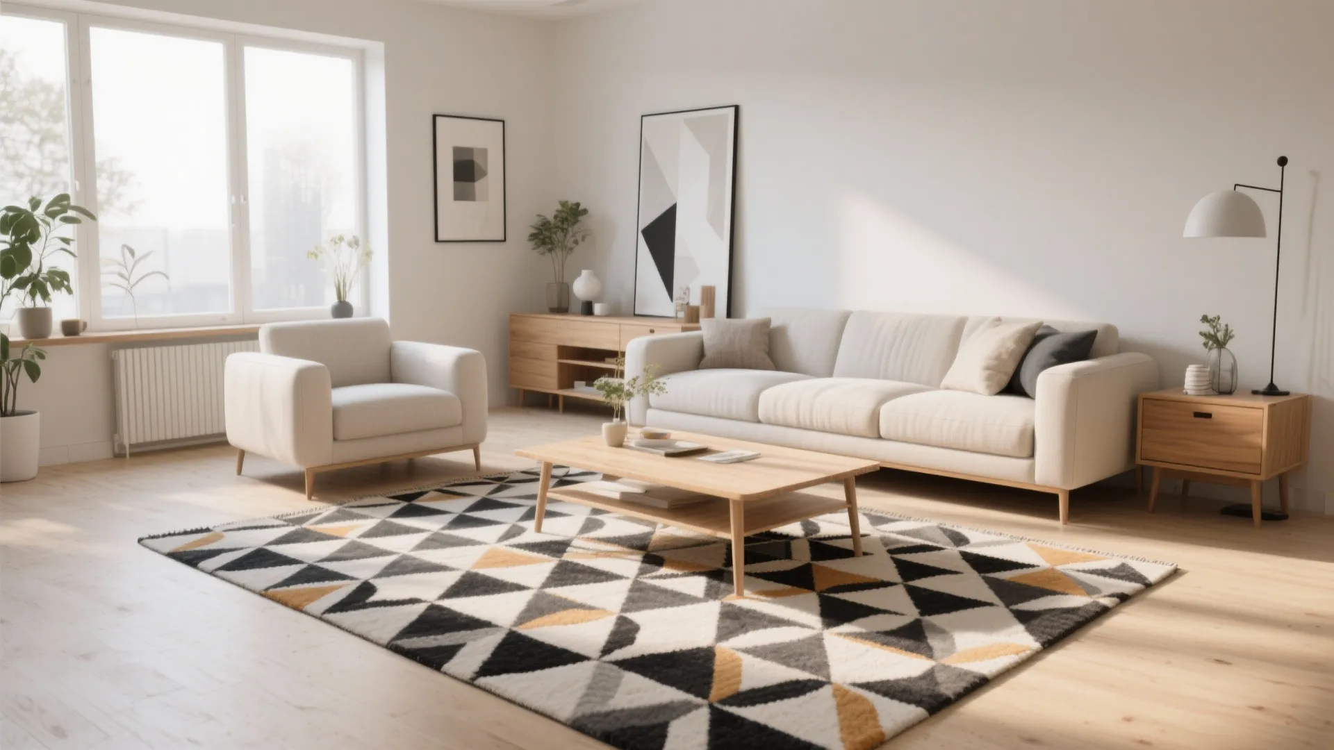 Living room interior design drawing with geometric rug white sofa wooden table and floor lamp