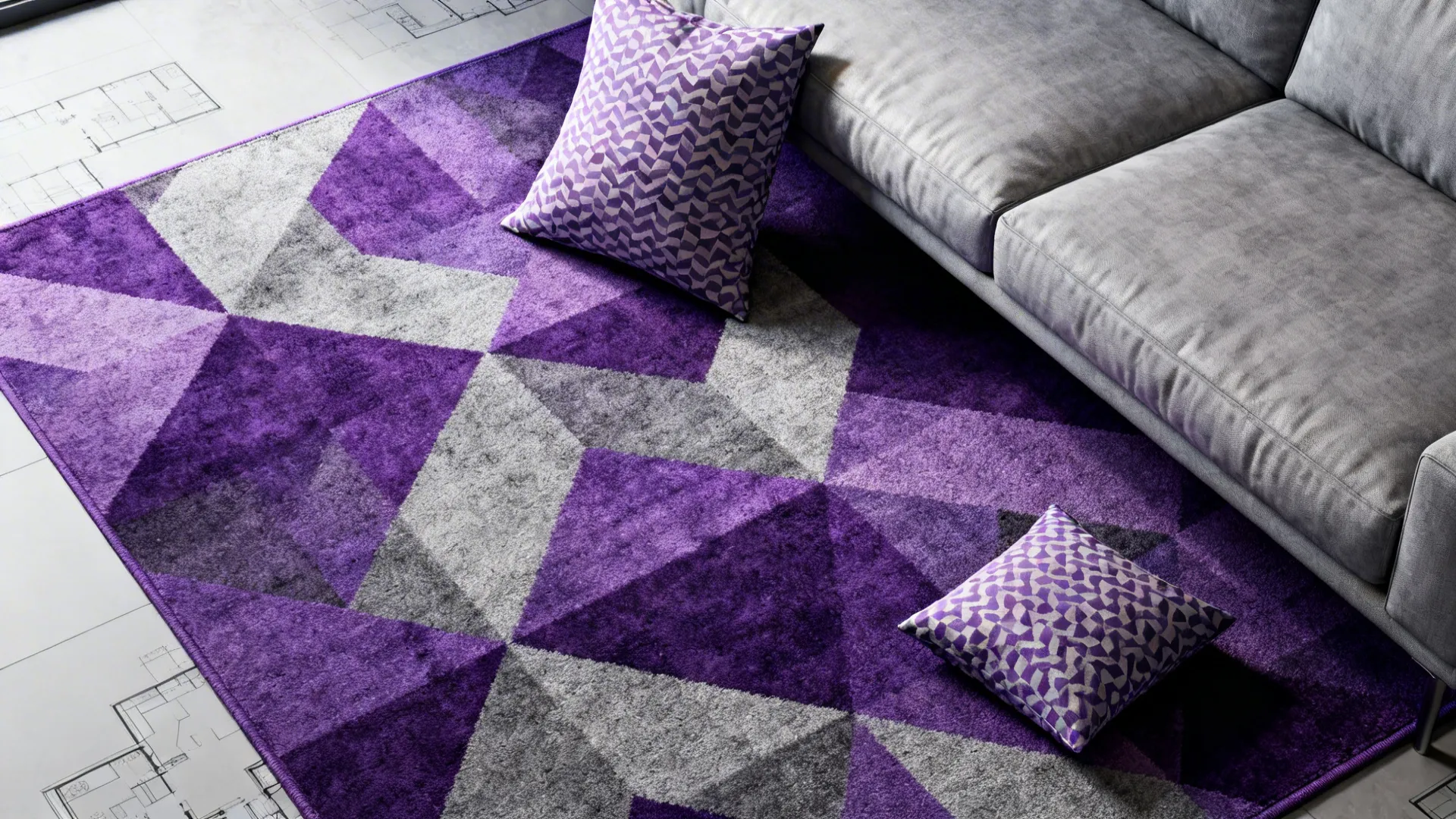 Geometric purple and grey rug with patterned pillows next to a grey sofa on floor